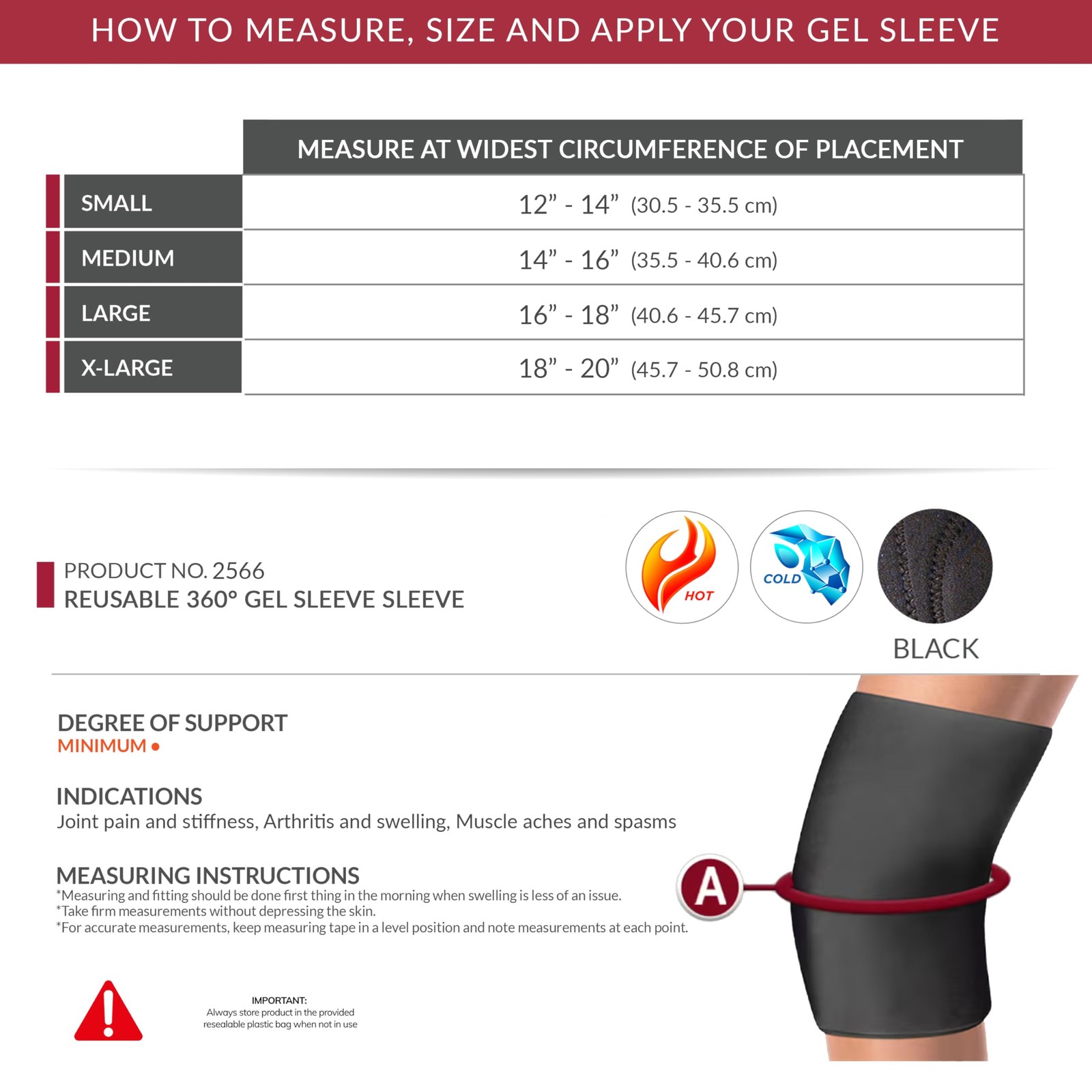 OTC Multi-Use Reusable 360 Degree Gel Sleeve for Thigh, Knee, Large, Black