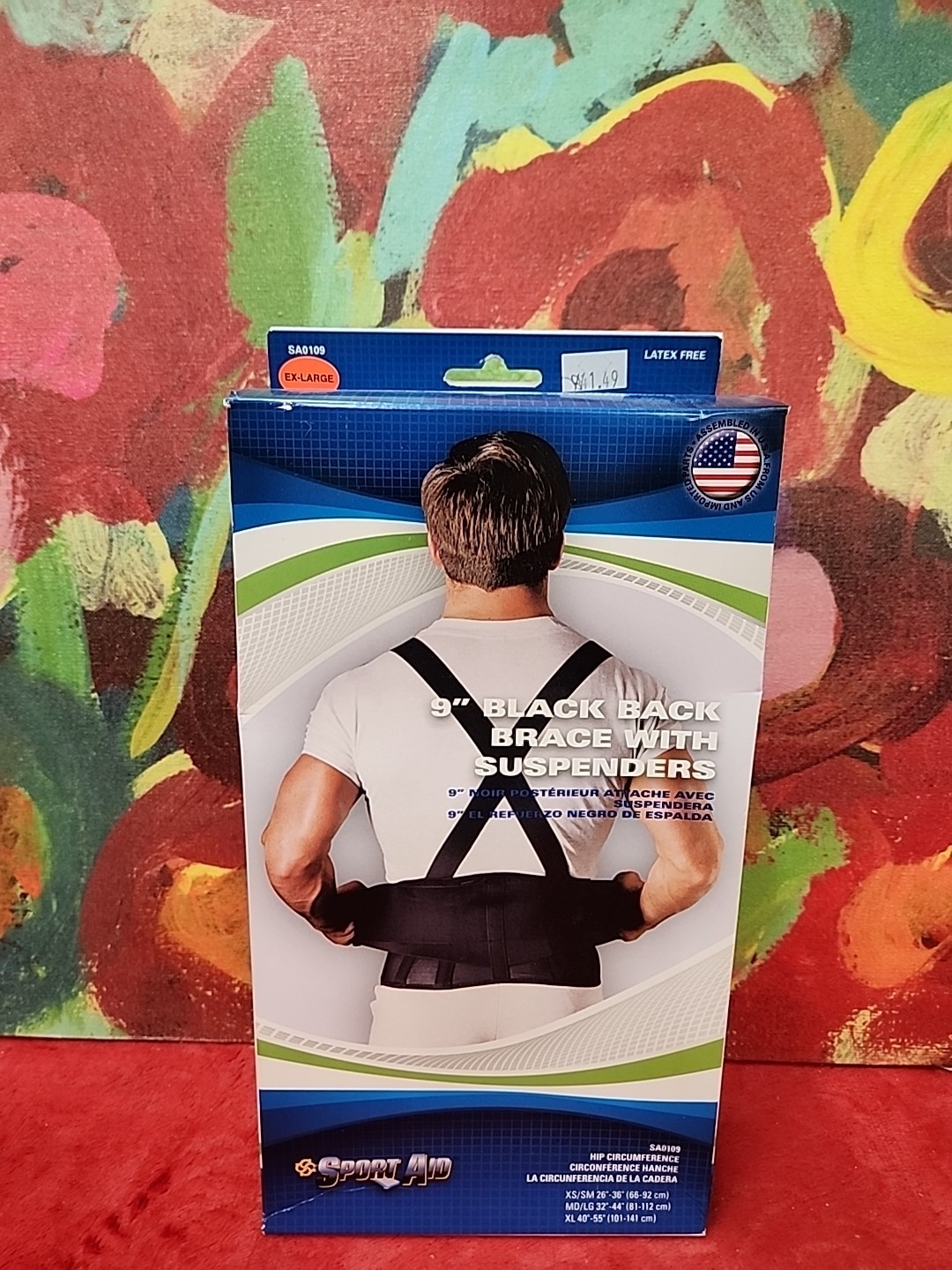 SPORT AID 9″ Black Back Brace With Suspenders Latex Free XL New In Box