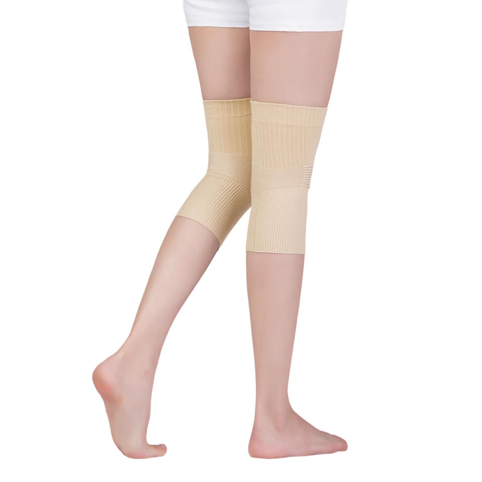 Caviotess 1 Pair Cotton Knee Compression Large, Ribbed Nude (length 11.8”)