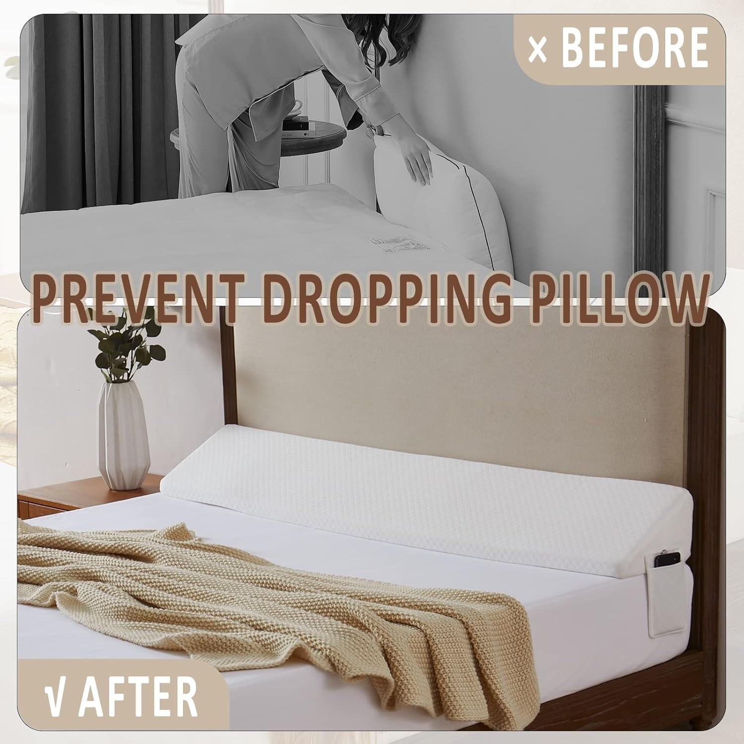 King Size（76″x10″x6″） Bed Wedge Pillow Headboard Bed Gap Filler(0-8″ Triangle