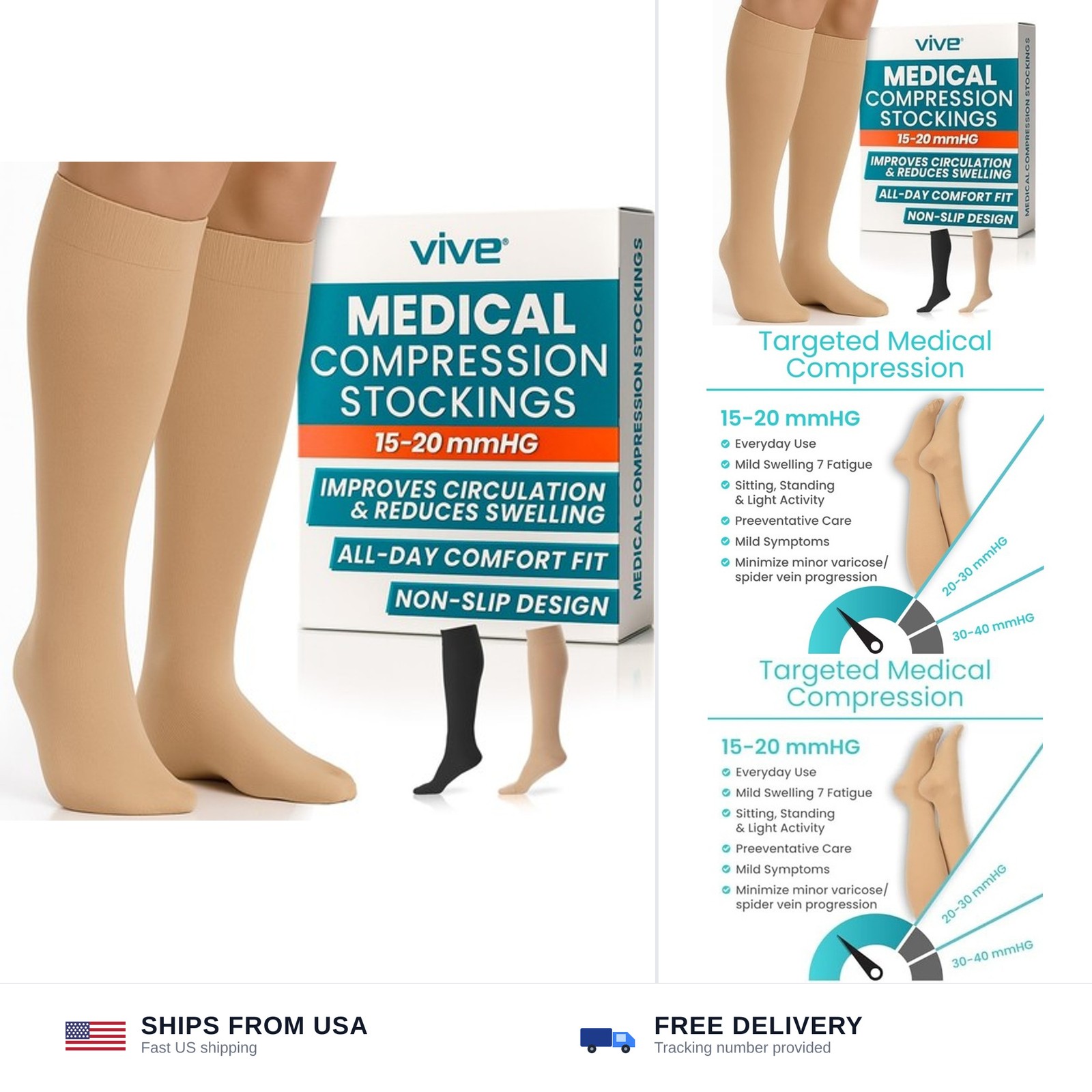 Vive Knee High Compression Socks for Women & Men – 15-20mmHg Medical Support …