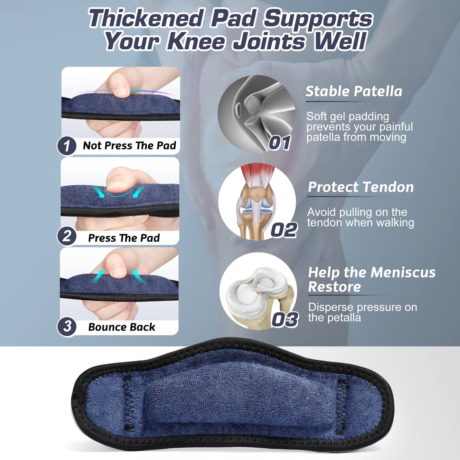 IPOW 2 Pack Thickened Pad&Wide Patella Knee Strap,Pain Relief One Size, Black