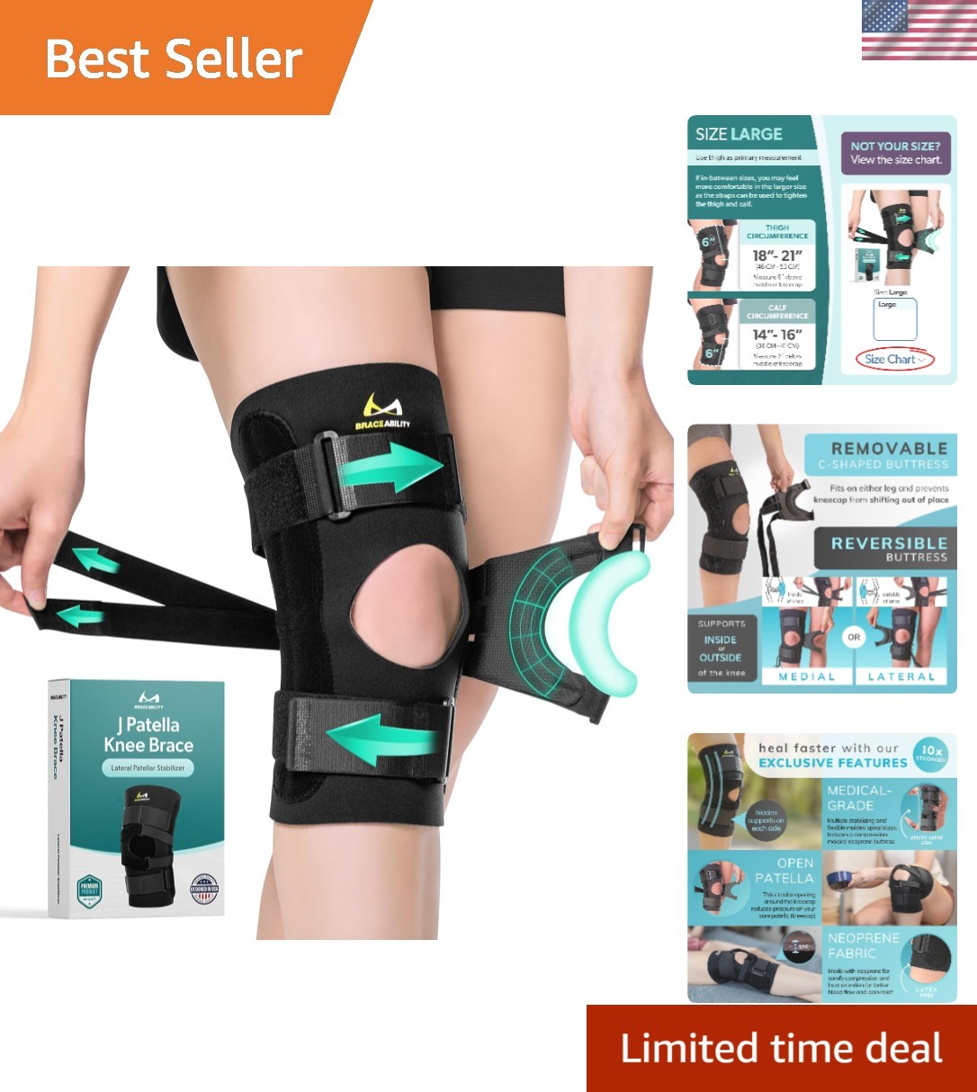 Large J Patella Stabilizer Knee Brace with Lateral Support for Dislocated Knees