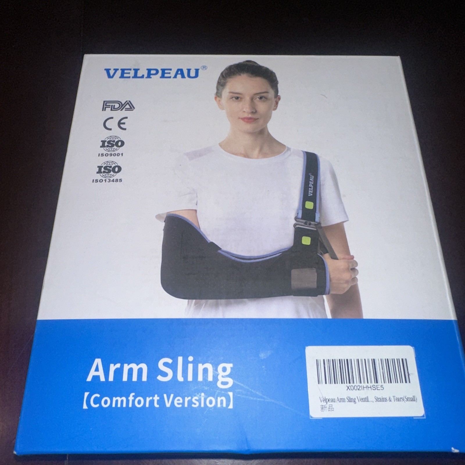 Velpeau Shoulder Arm Sling Comfort Version Size Small Black Blue Trim
