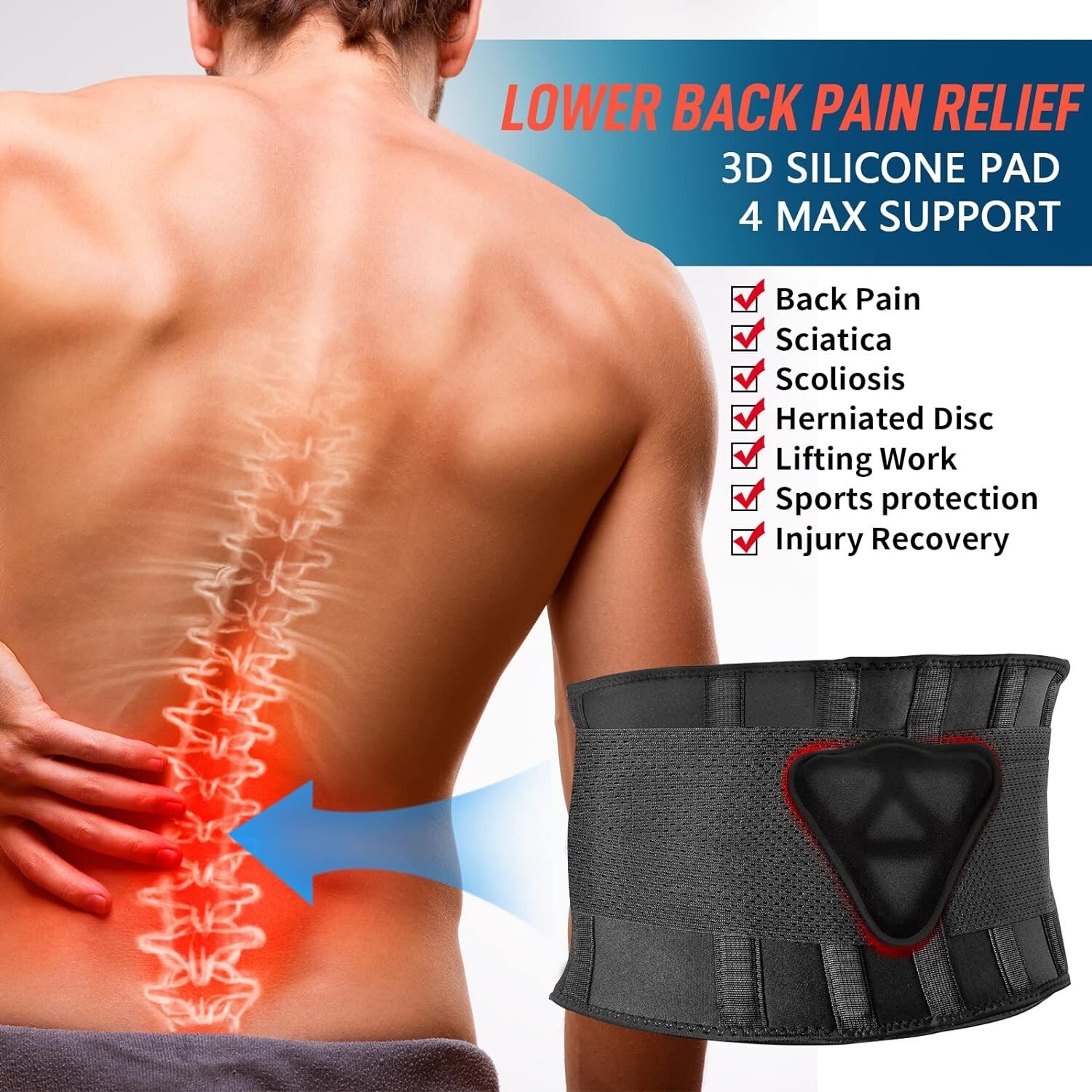 Powerful Multi-Purpose Back Brace – 3D Lumbar Pad – Waist Size: 24”-29”