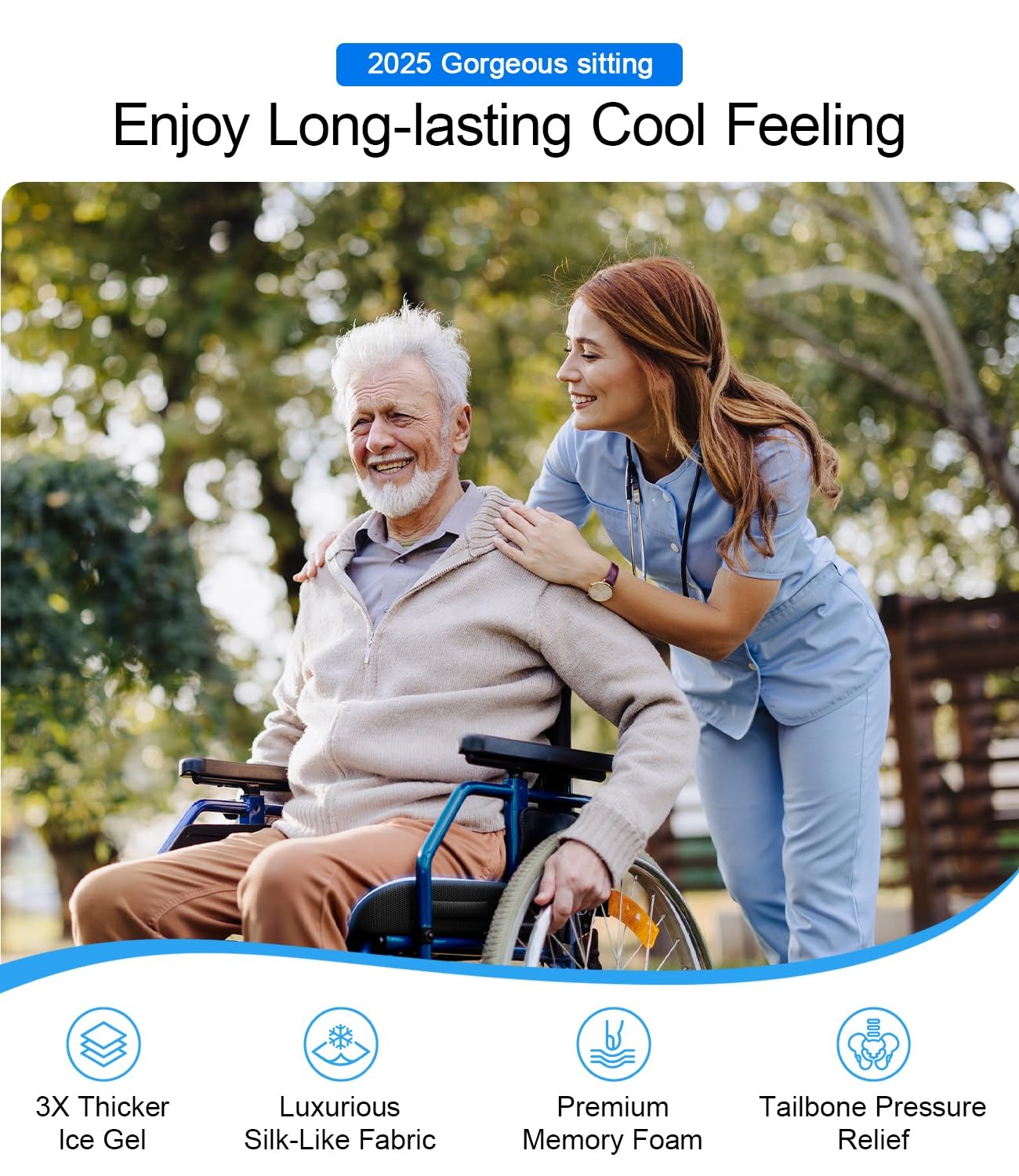 Wheelchair Seat Cushions Cooling, Ergonomic Cushion, Waterproof Black