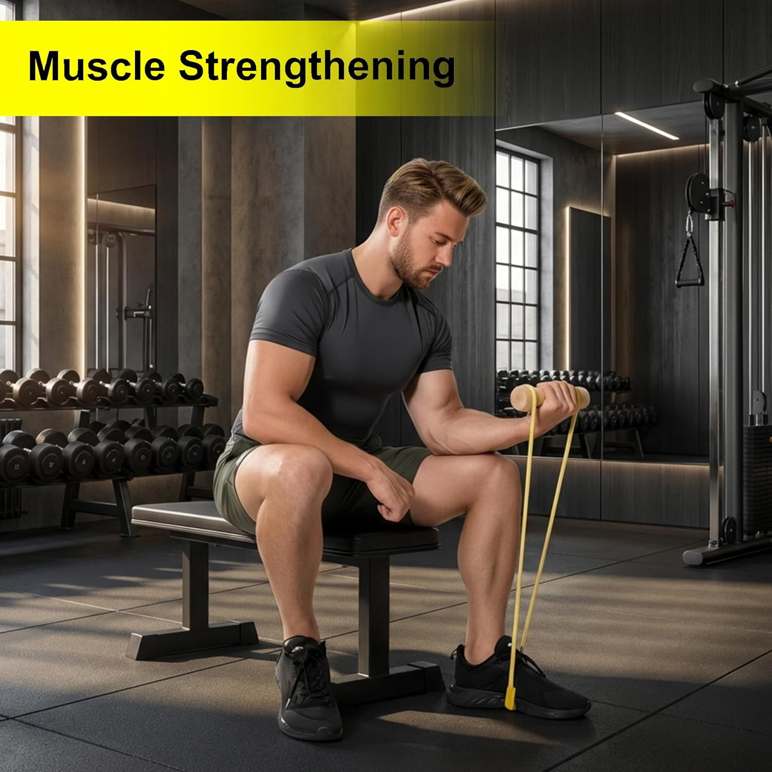 Wrist & Forearm Trainer with Wooden Handle for Grip Strength & Biceps Training