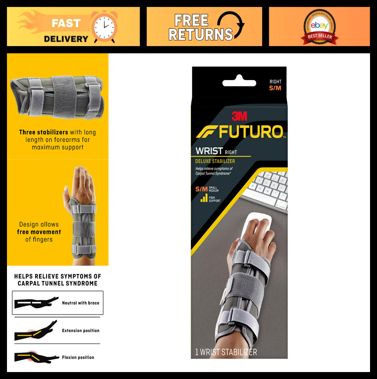 Deluxe Right Hand Wrist Stabilizer, Adjustable Support for S/M Size, Pain Relief