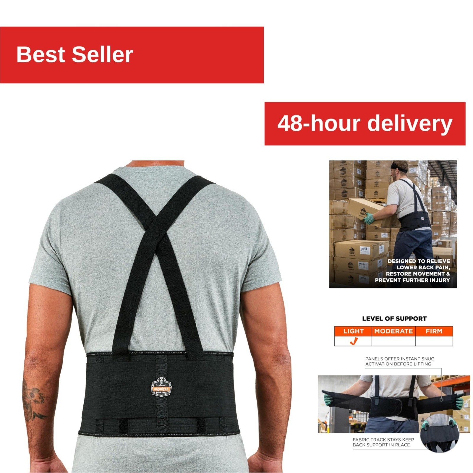 Ergodyne ProFlex 1650 Back Support Belt, Adjustable, Large, Black