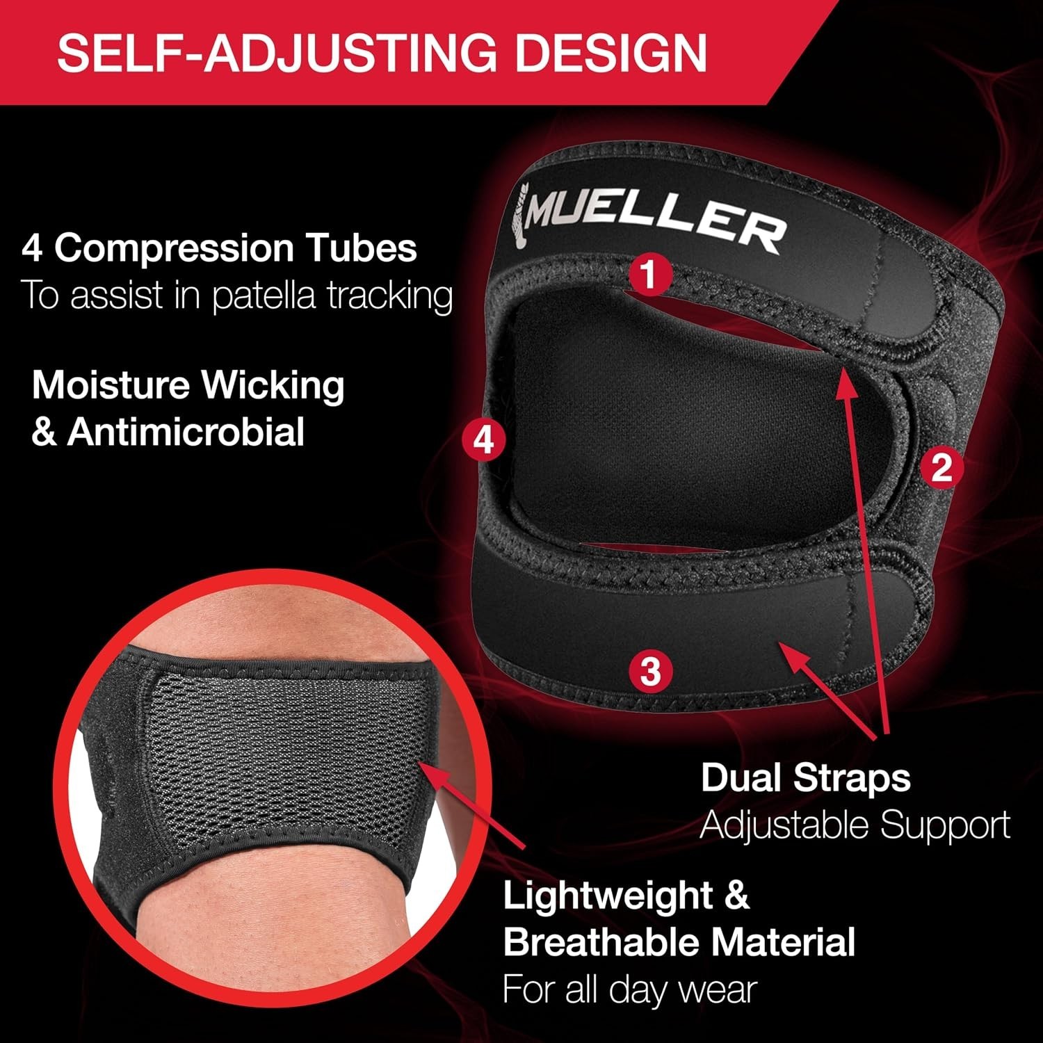 Knee Strap Compression Support Adjustable One Size for Pain Relief Black