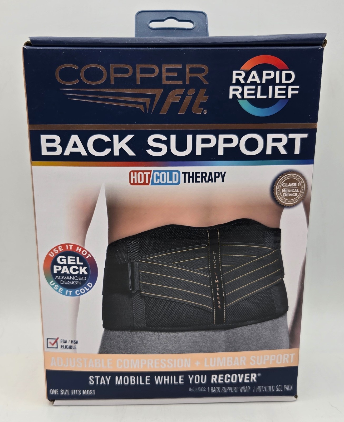 NEW Copper Fit Rapid Relief Back Support Belt 3-in-1 Hot Cold Therapy Brace OSFM