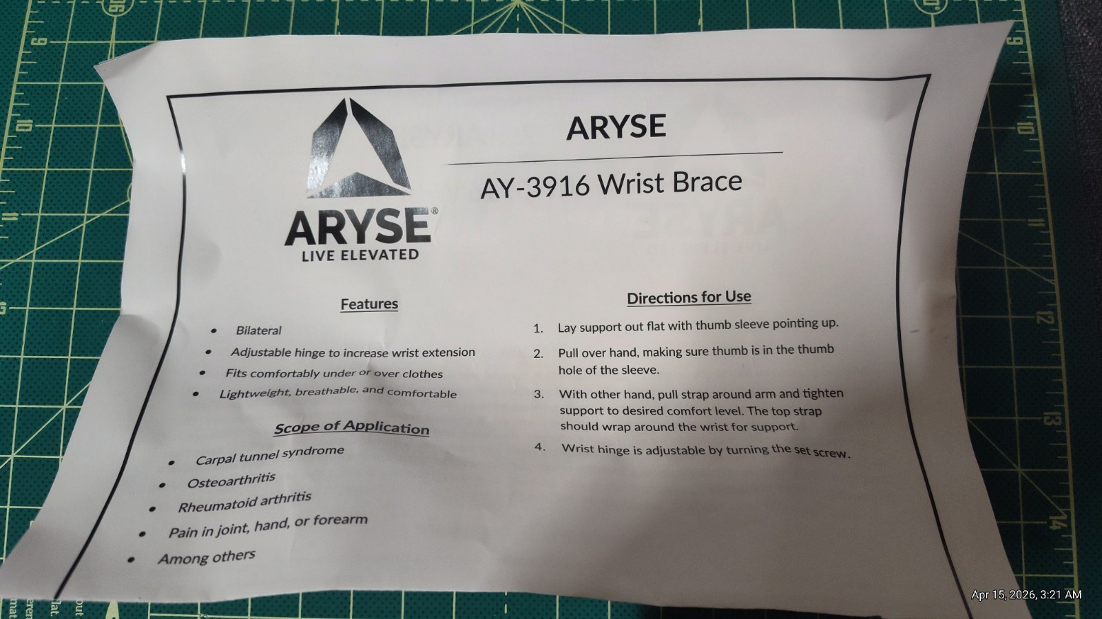 ARYSE® Metforce Adjustable Wrist Brace / AY-3916-102 | Brand New