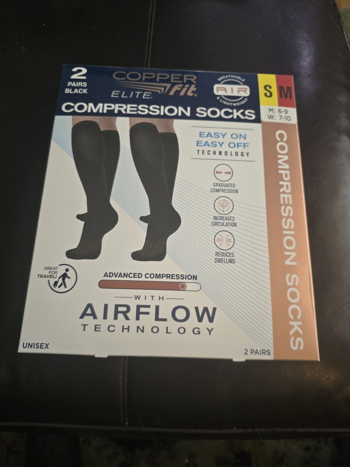 2 Pairs Compression Socks by Copper Fit Knee High Black S/M NIOB