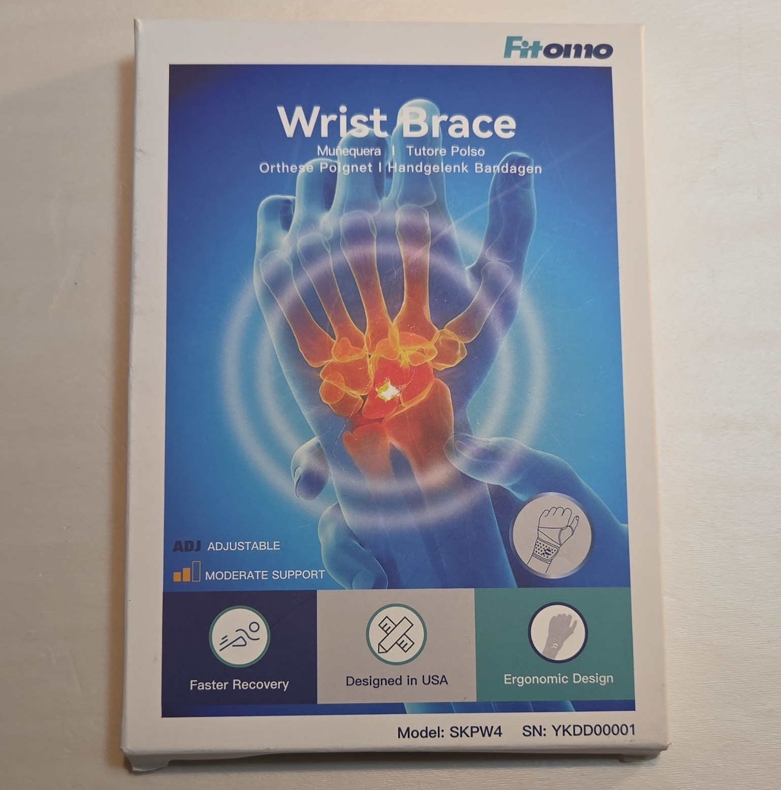 Fitomo Adjustable Wrist Brace, L/XL, Blue/White Support, Model SKPW4