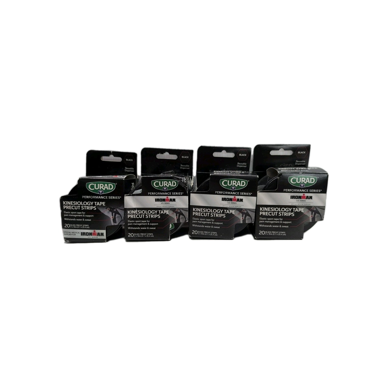 Curad Black Kinesiology tape precut 20 Strips Each . Black (Lot of 4 Rolls)