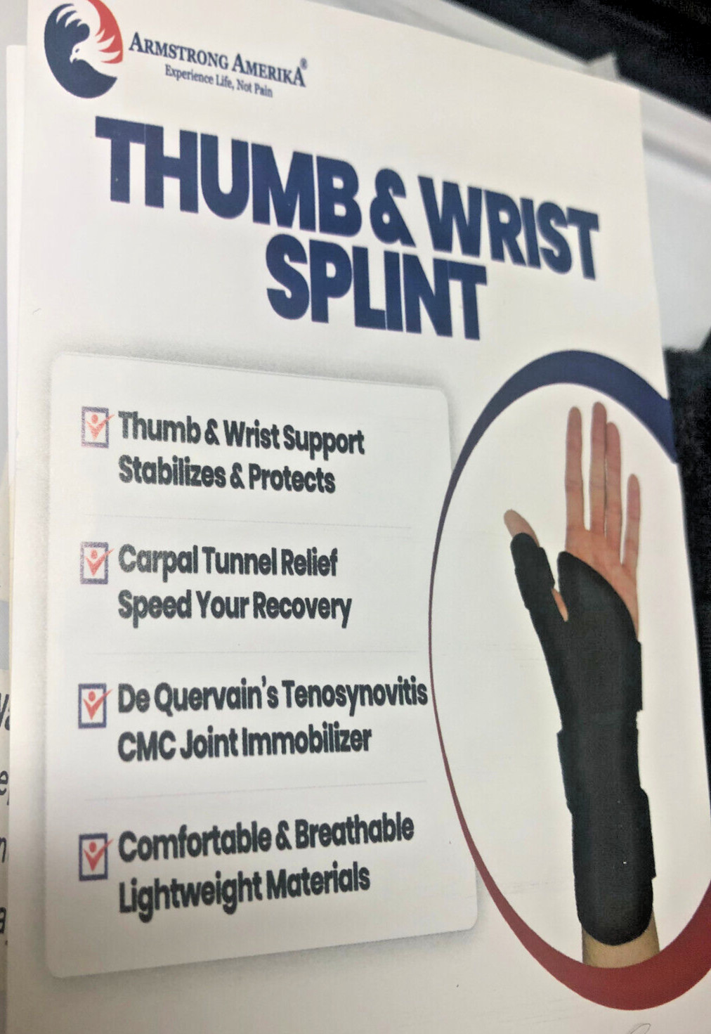 Armstrong Amerika Thumb & Wrist Splint LARGE LEFT Black Carpal Tunnel Relief