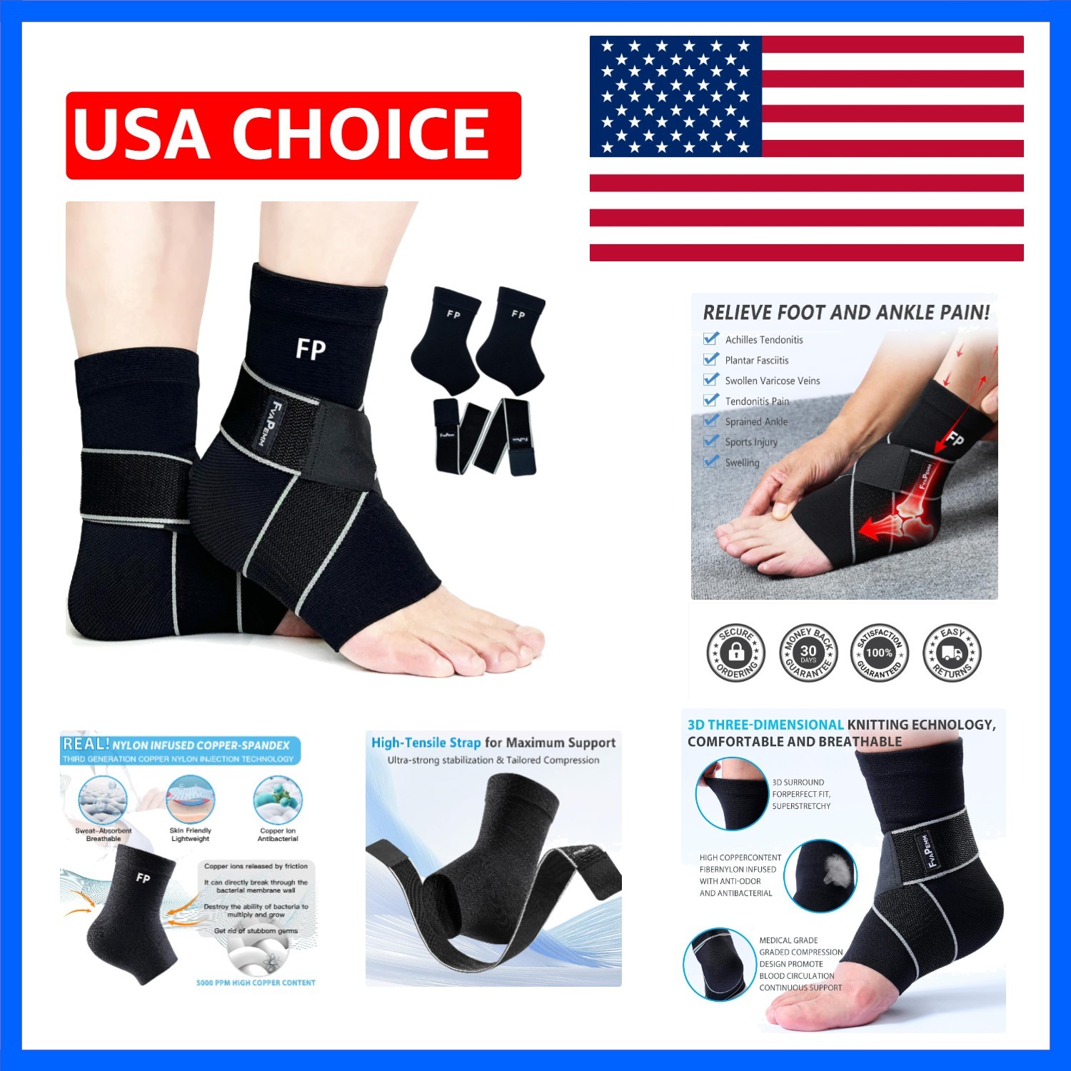 Ankle Brace for Women Men-2 Pack Copper Ankle Compression Sleeve Support for …