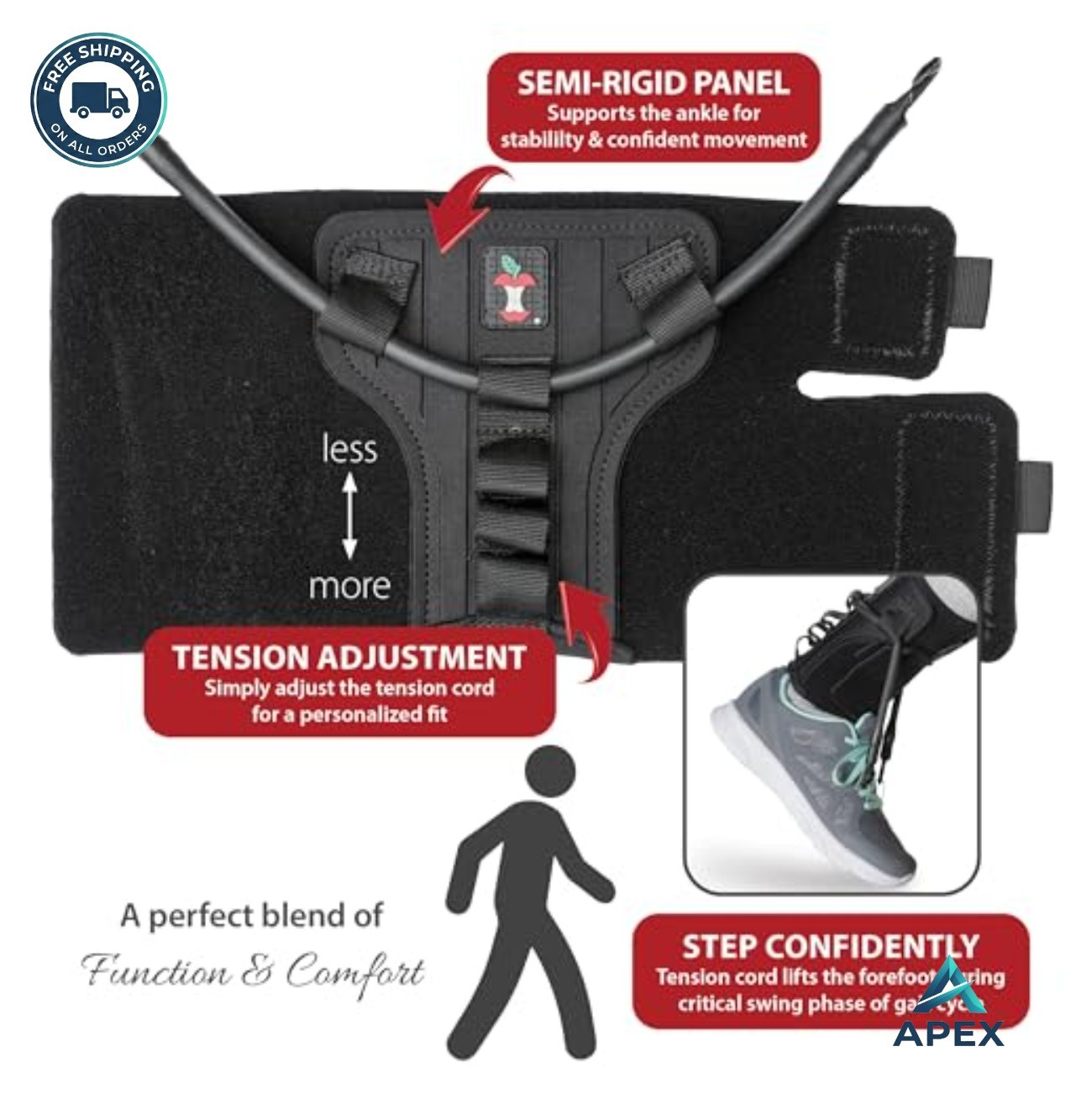 Foot Drop Brace Adjustable Dorsiflexion Support M/L Lace Up Black Walking AFO