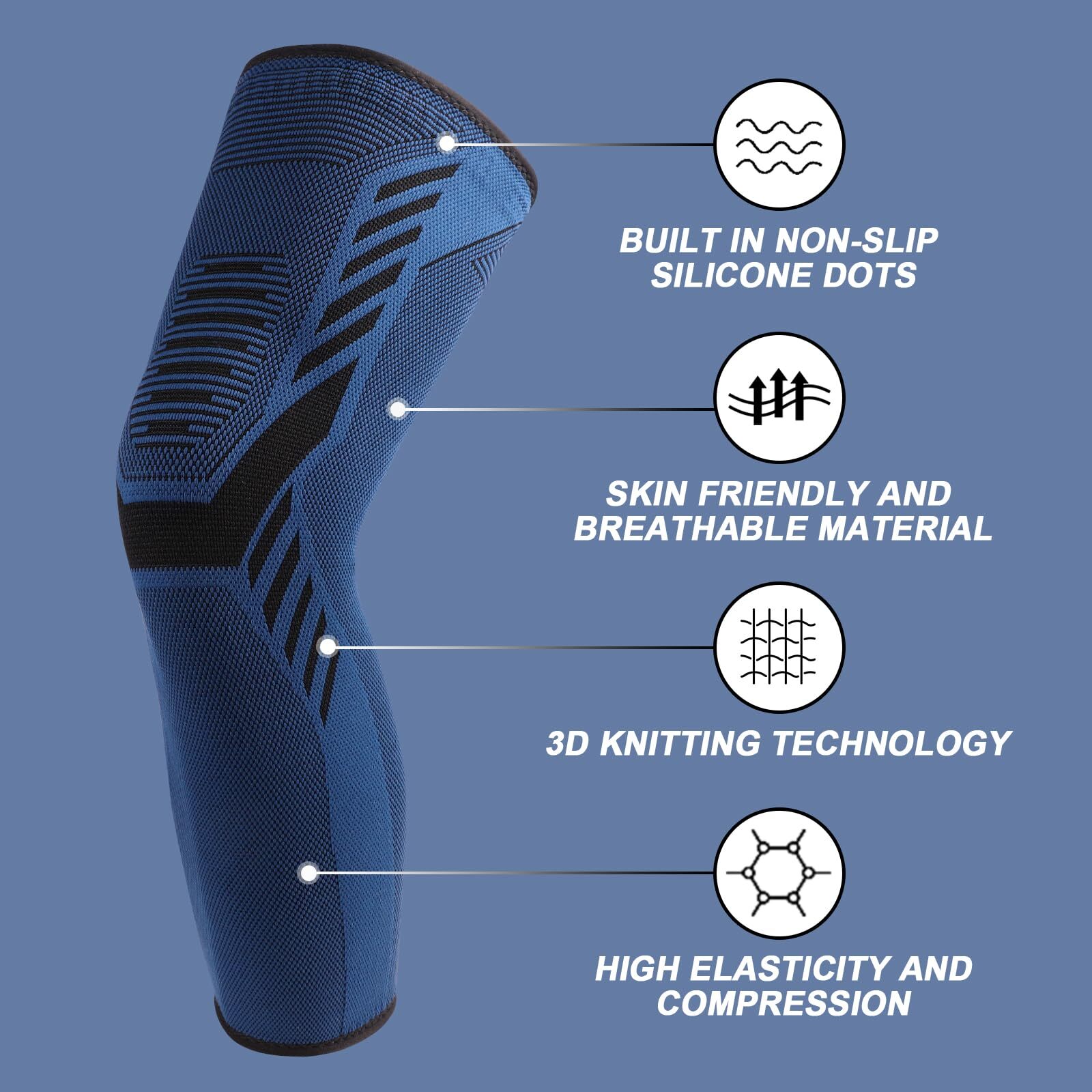 Leg Compression Sleeve 1 Pair Long Knee Brace Non Slip Silicone Sports Running