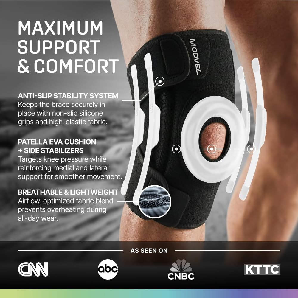 Modvel Knee Brace with Side Stabilizers & Patella Gel Pads for X-Large, BLACK