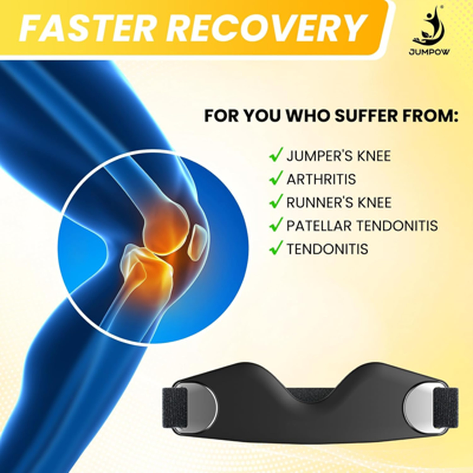 Patellar Tendon Support Strap 2 Pack Adjustable Non-Slip Silicone Knee Brace for