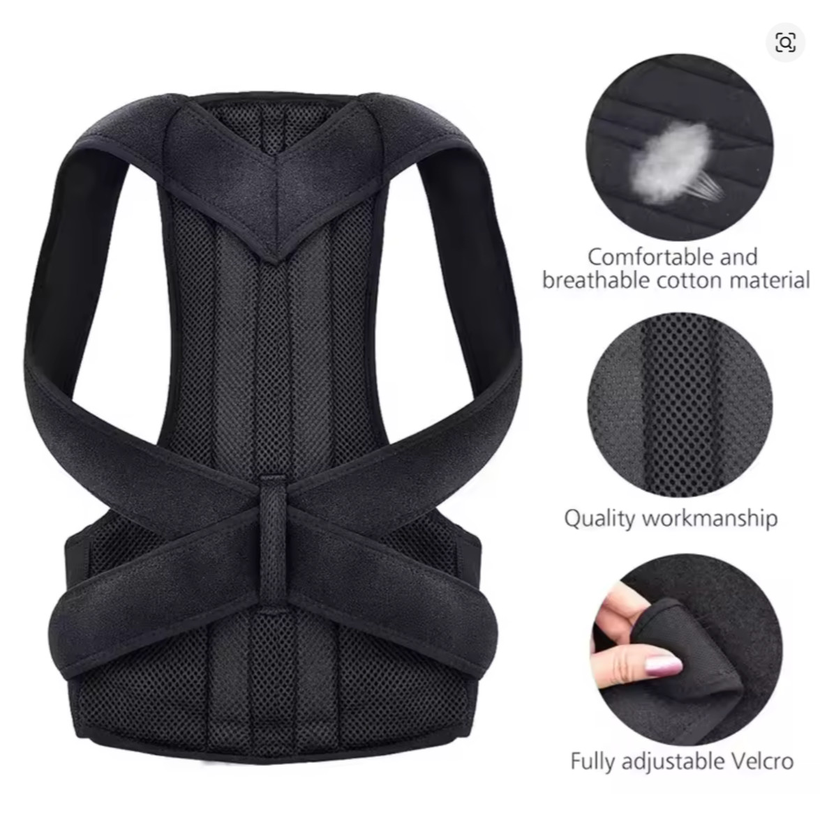 Back posture corrector is adjustable with breathable shoulder and waist support