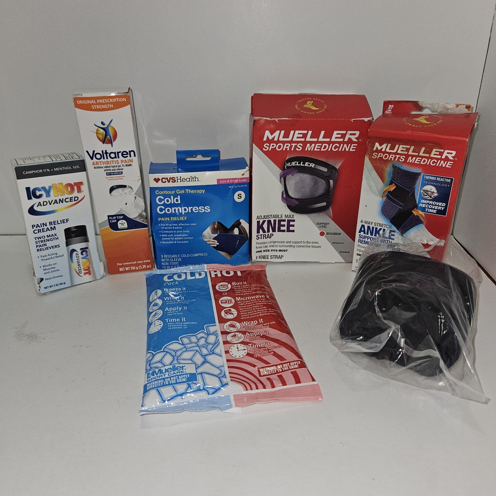 BUNDLE Knee Brace, Ankle Brace, Arm Sling, Pain Relief Creams, Hot/Cold Compress