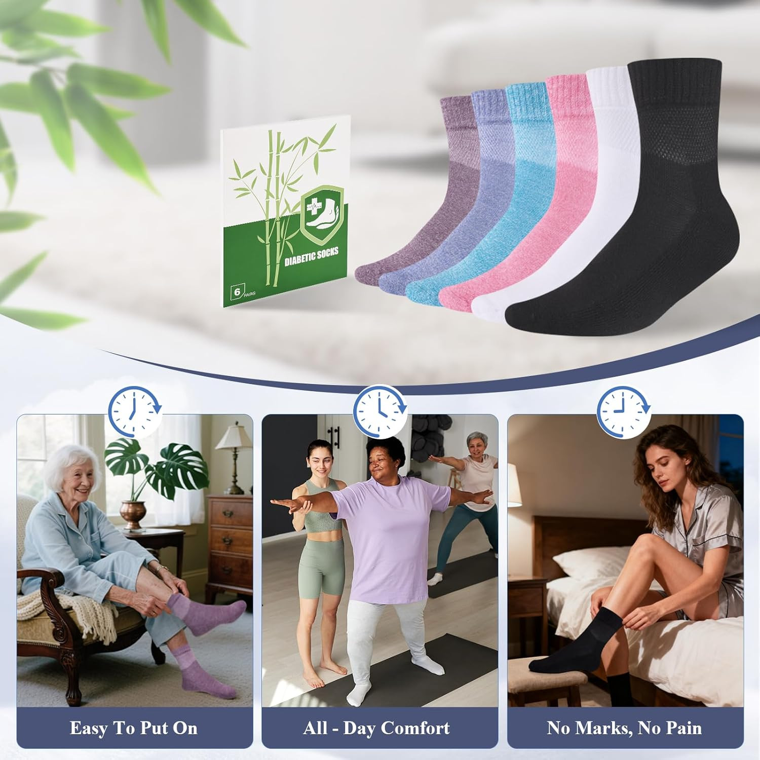 Bamboo Viscose Diabetic Socks for Women, 6 Pairs, Non Binding Wide Top | 50% bam
