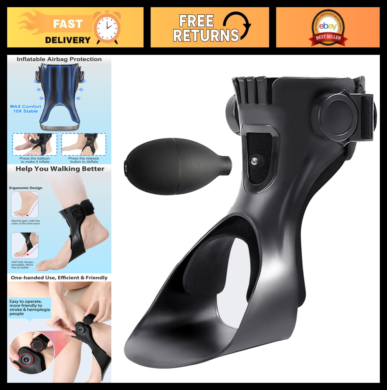 AFO Drop Foot Brace for Hemiplegia, Inflatable Airbag, Gait Improvement, X-Large