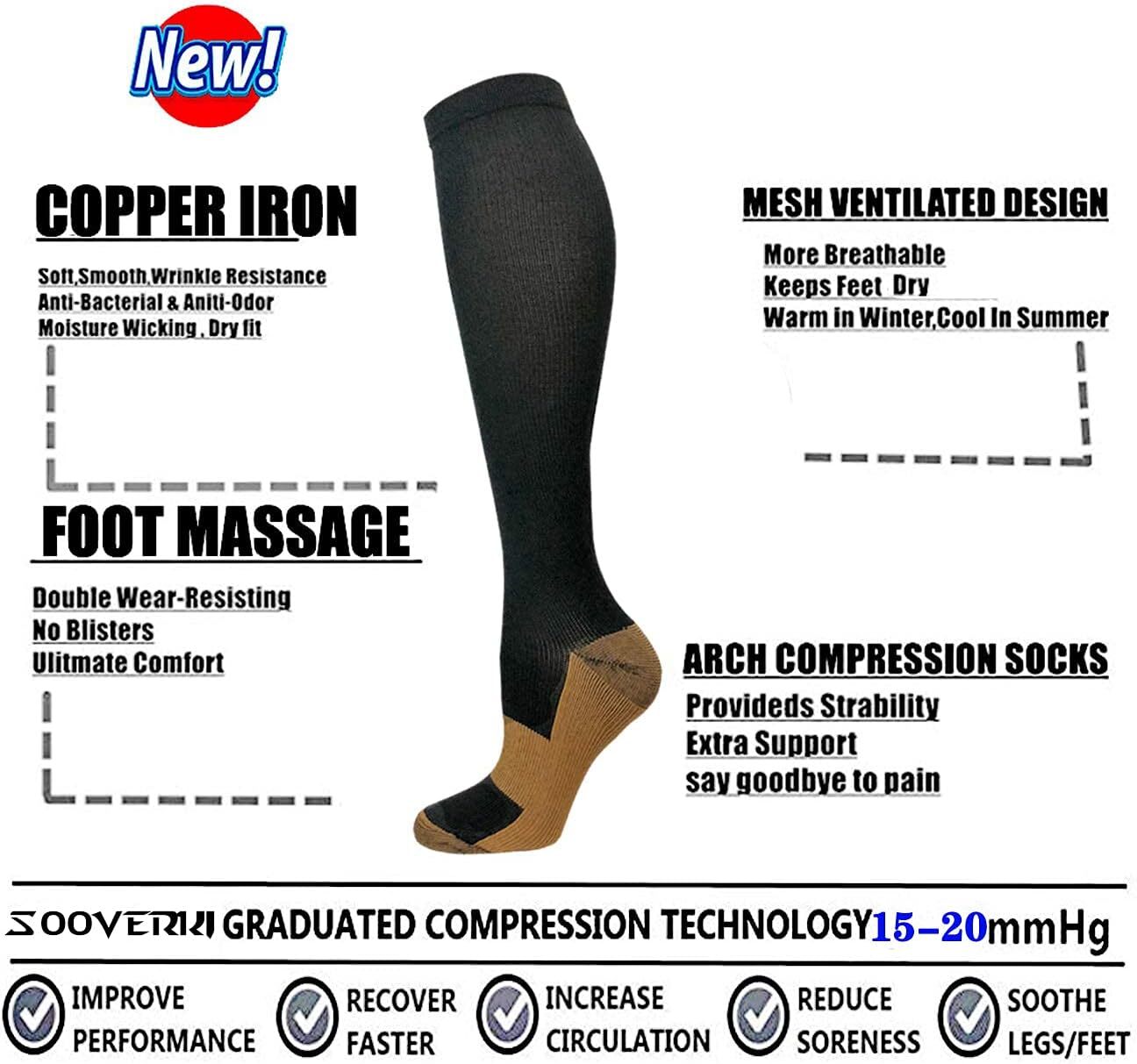 6 Pairs Copper Compression Socks 20-30mmHg Graduated Support Men’s Women’s