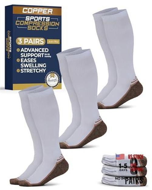 3 Pairs Copper Mens Compression Socks 20-30 mmHg, X-Large White – 3 Pairs