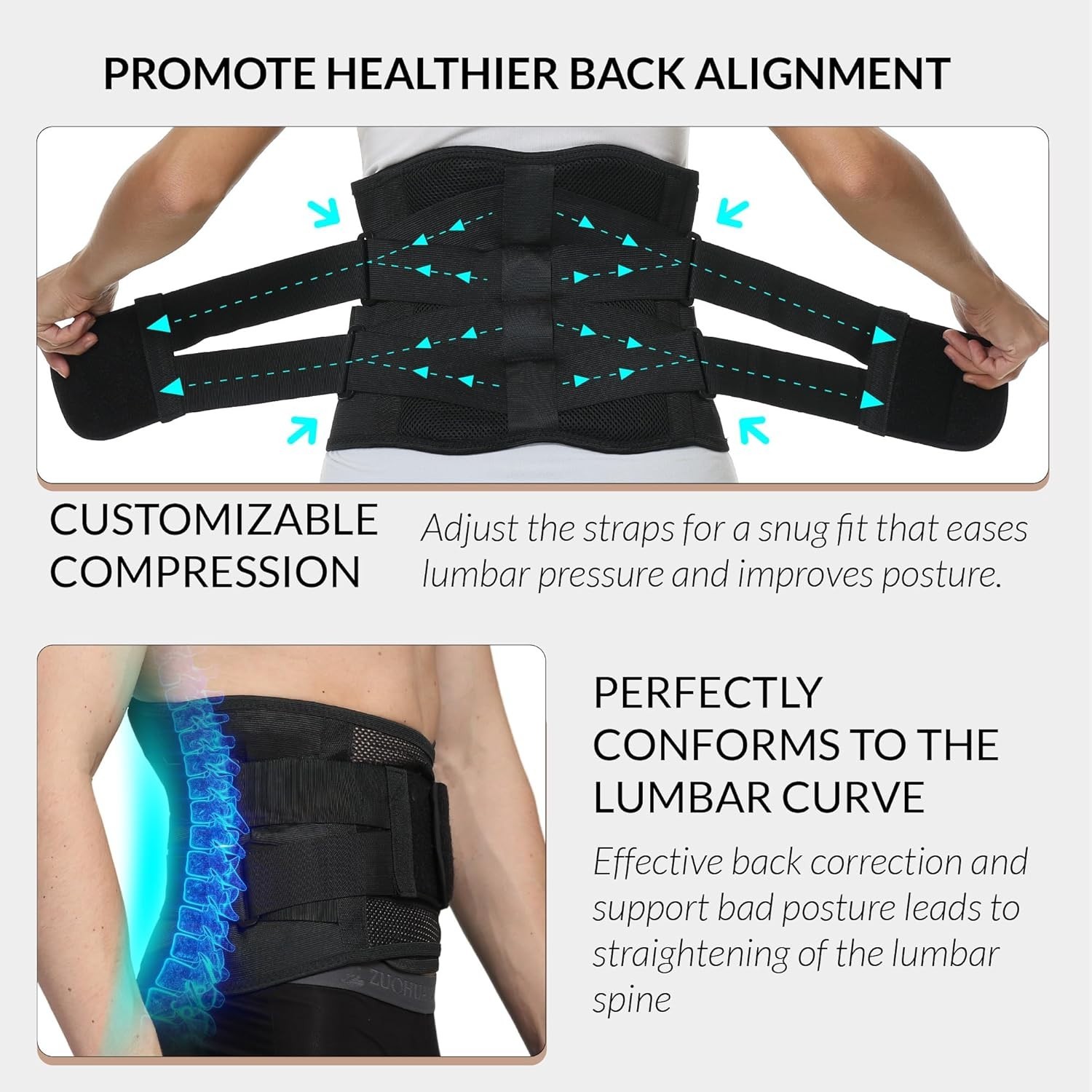 Unisex Adjustable Lumbar Brace – Black Back Support Belt for Pain Relief, Size L