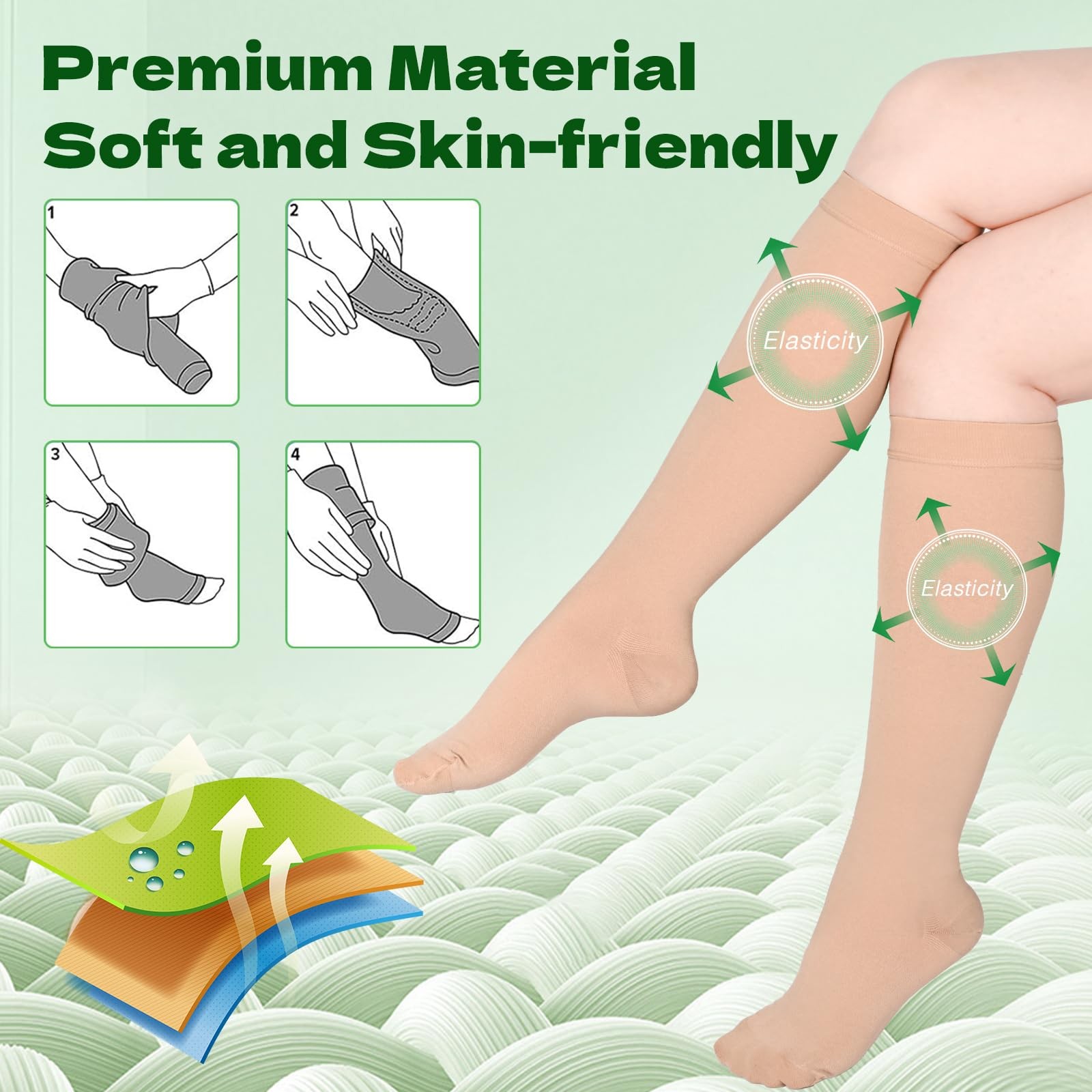 Wegitcs 2 Pairs 20-30mmHg Knee High Compression Socks for Medium, Beige