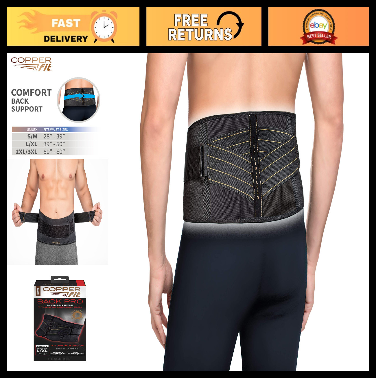Pro Back Support Brace, Adjustable Unisex Waist 39”-50”, Copper Infused, Large/X