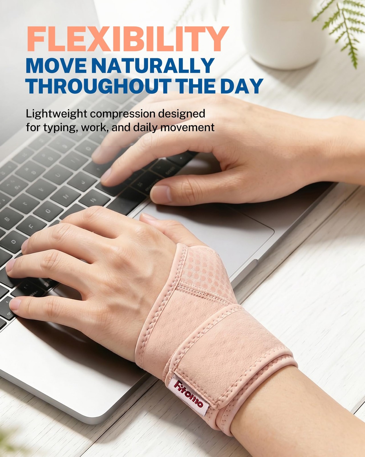 Fitomo Wrist Brace with Soft-Touch Fabric, Breathable Compression L/XL, Nude