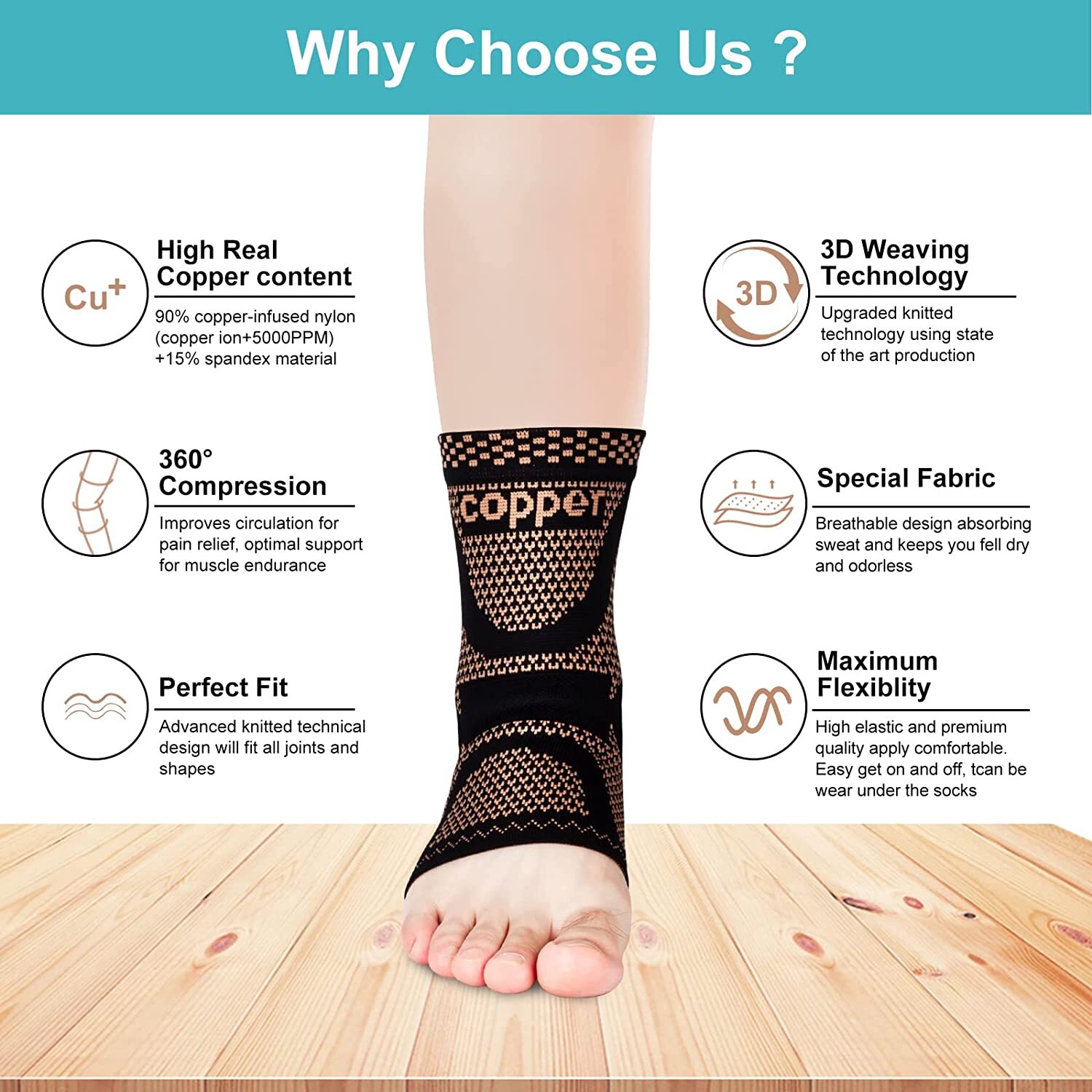 Copper Ankle Brace Support Compression Sleeve Socks Foot Pain Plantar Fasciitis