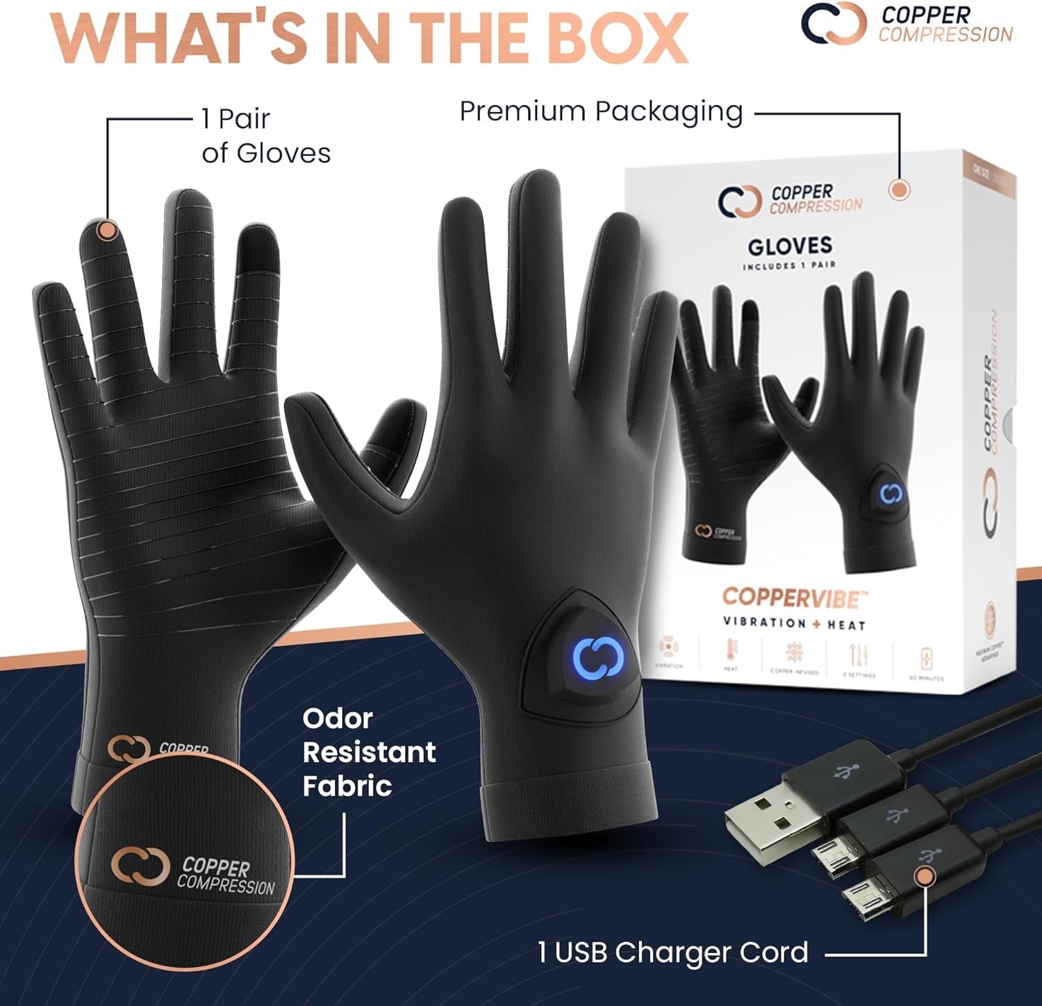Copper Compression CopperVibe Vibration Heat Therapy Gloves Black New OPEN BOX