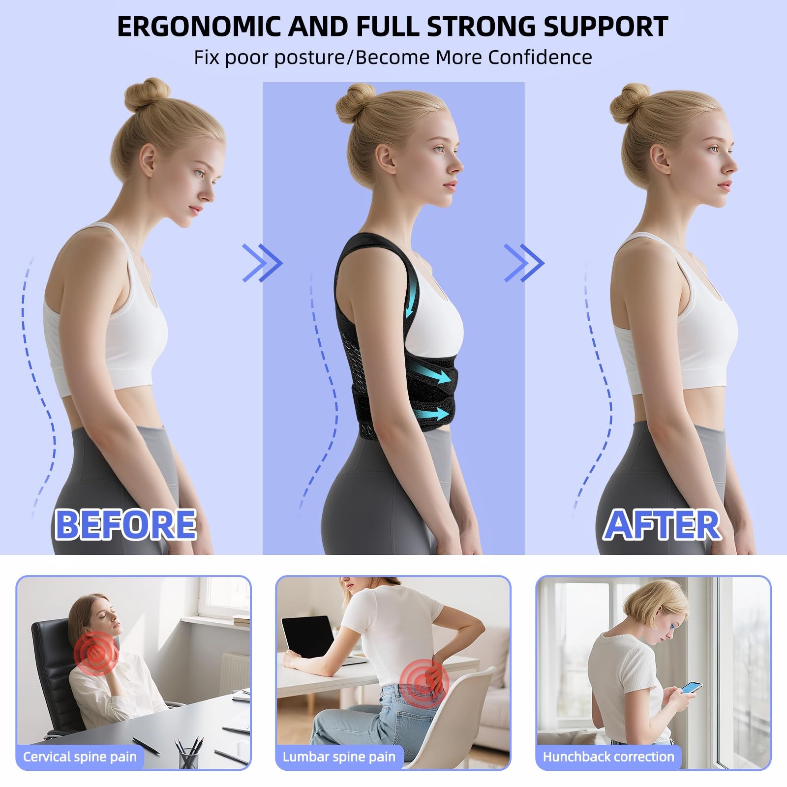 Full Back Brace Breathable Posture Corrector for and Men,Adjustable Back Stra…