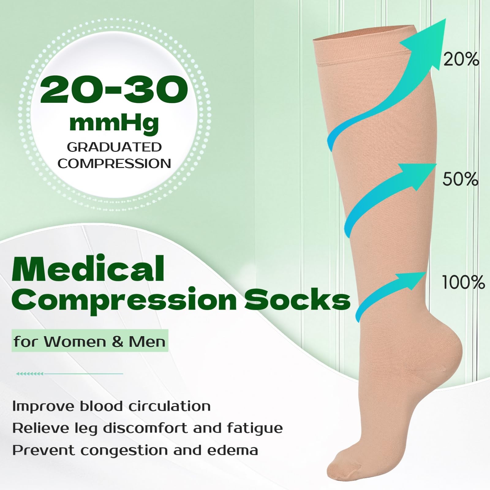 Wegitcs 2 Pairs 20-30mmHg Knee High Compression Socks for Medium, Beige