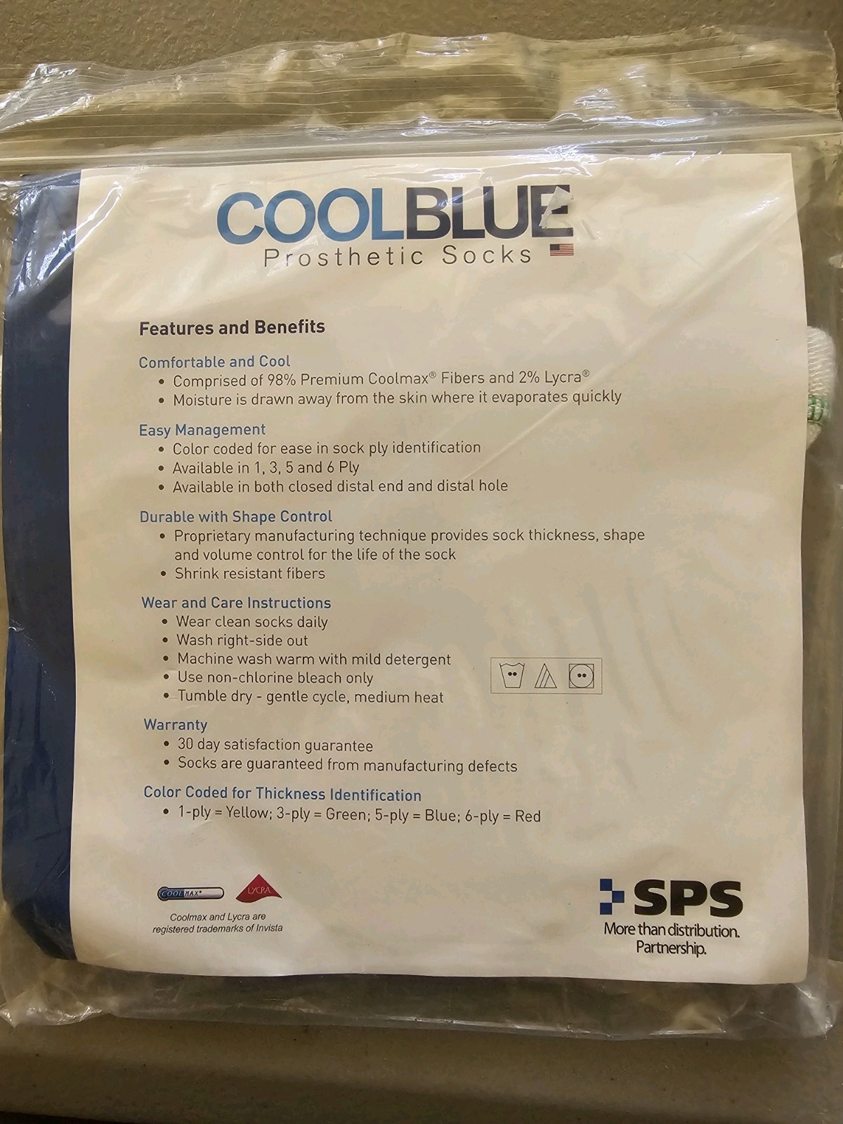 Prosthesis Sock 1 Ply W/ Sewn Hole Size 3, 4 Length 10-14. Cool Blue (1count)