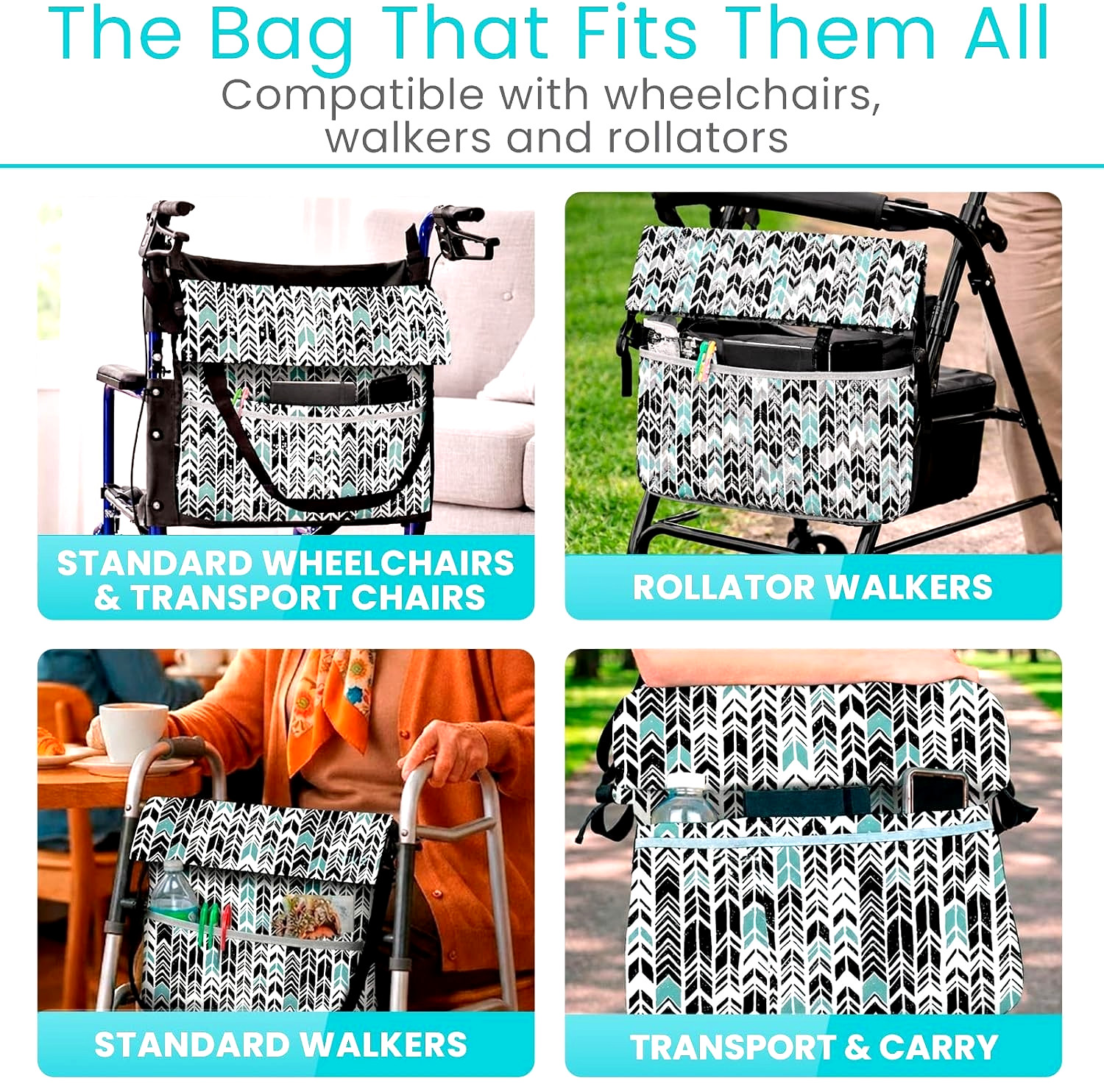 VIVE Wheelchair/Walker/Shoulder Accessories Bag Waterproof Black Teal Chevron