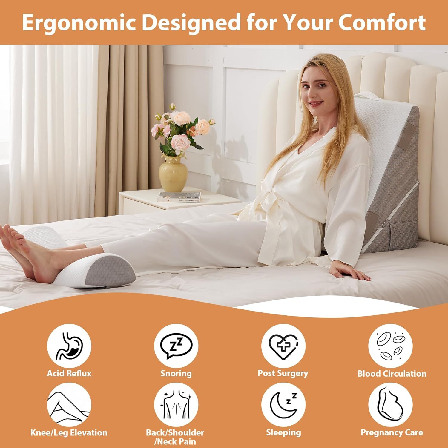 Bed Wedge Pillow for Sleeping 3Pcs, Adjustable Wedge+1 Pillow, White/Grey .