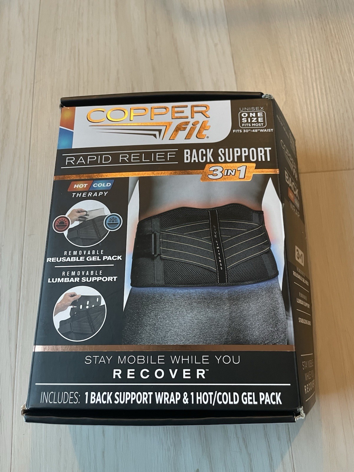 Copper Fit Rapid Relief Back Lumbar Support Belt W Hot/Cold Pack Size 30″-48″