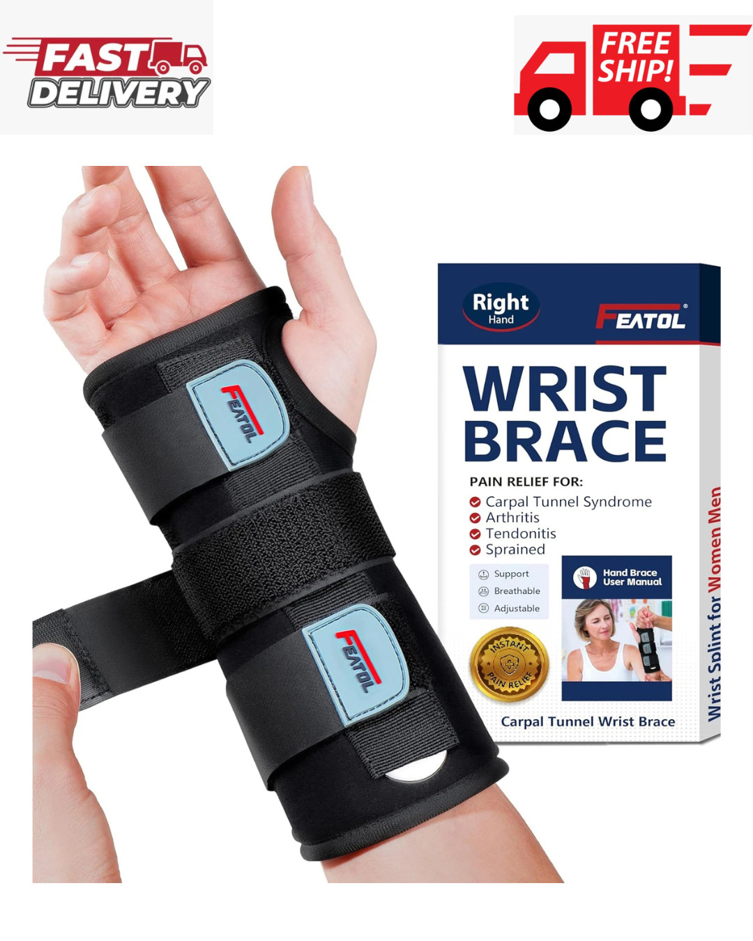 FEATOL Wrist Brace Hand Brace, Carpal Tunnel Wrist Splint Night Support for Wome