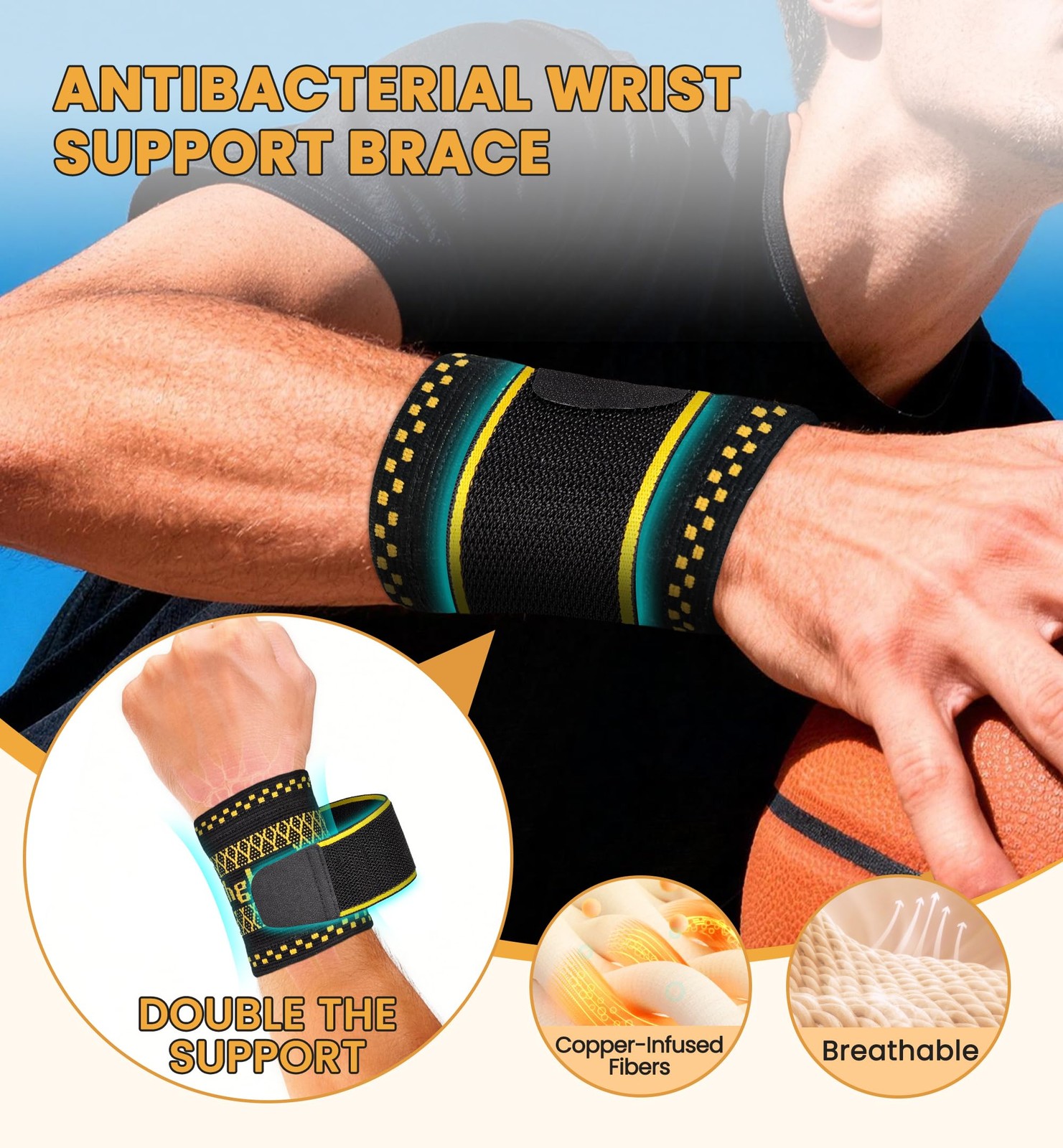Copper Infused Compression Wrist Support Brace with Adjustable Wrap, Large