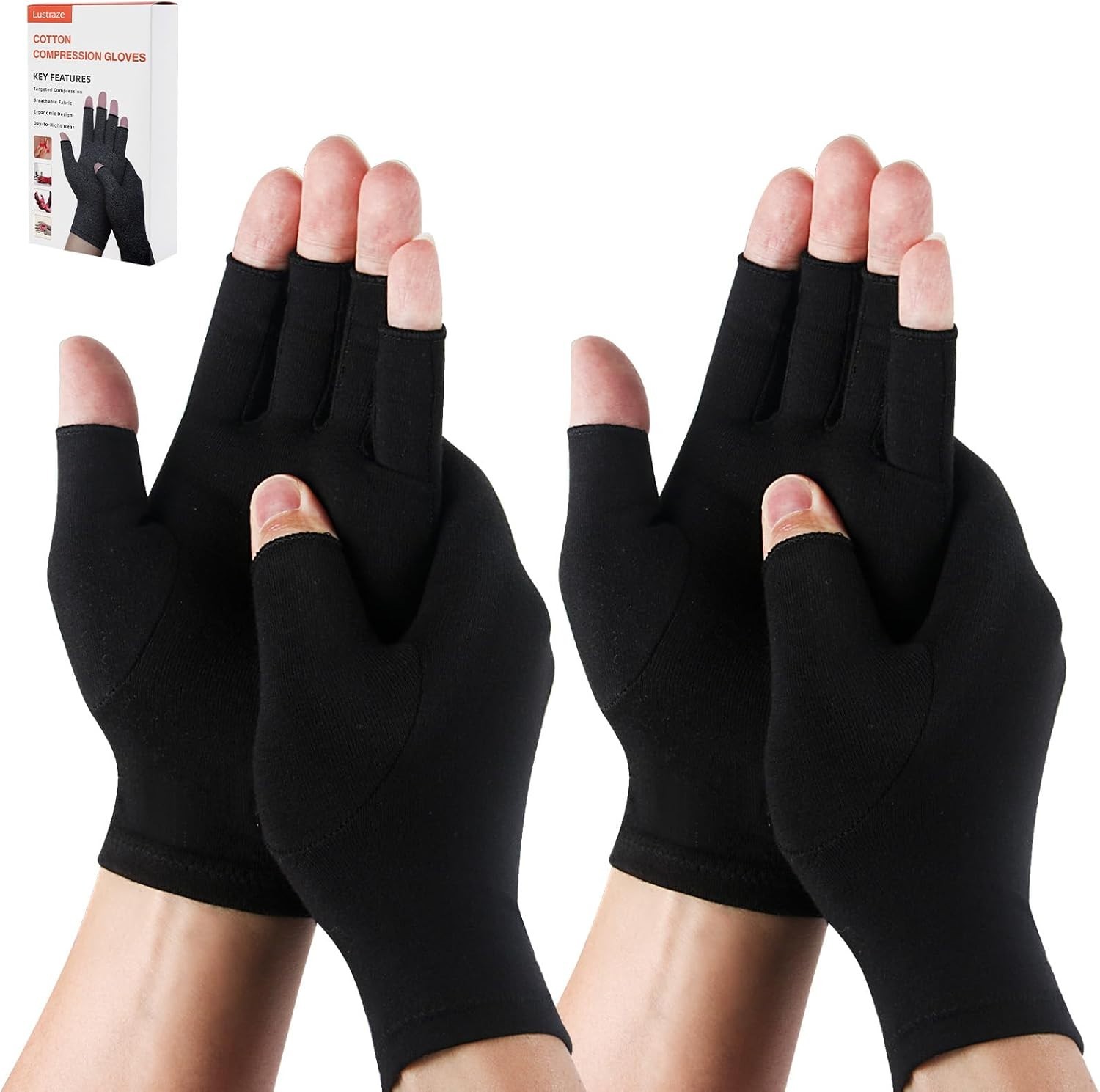 2 Pairs Compression Arthritis Gloves For Women Men For Pain | Fingerless Hand Su