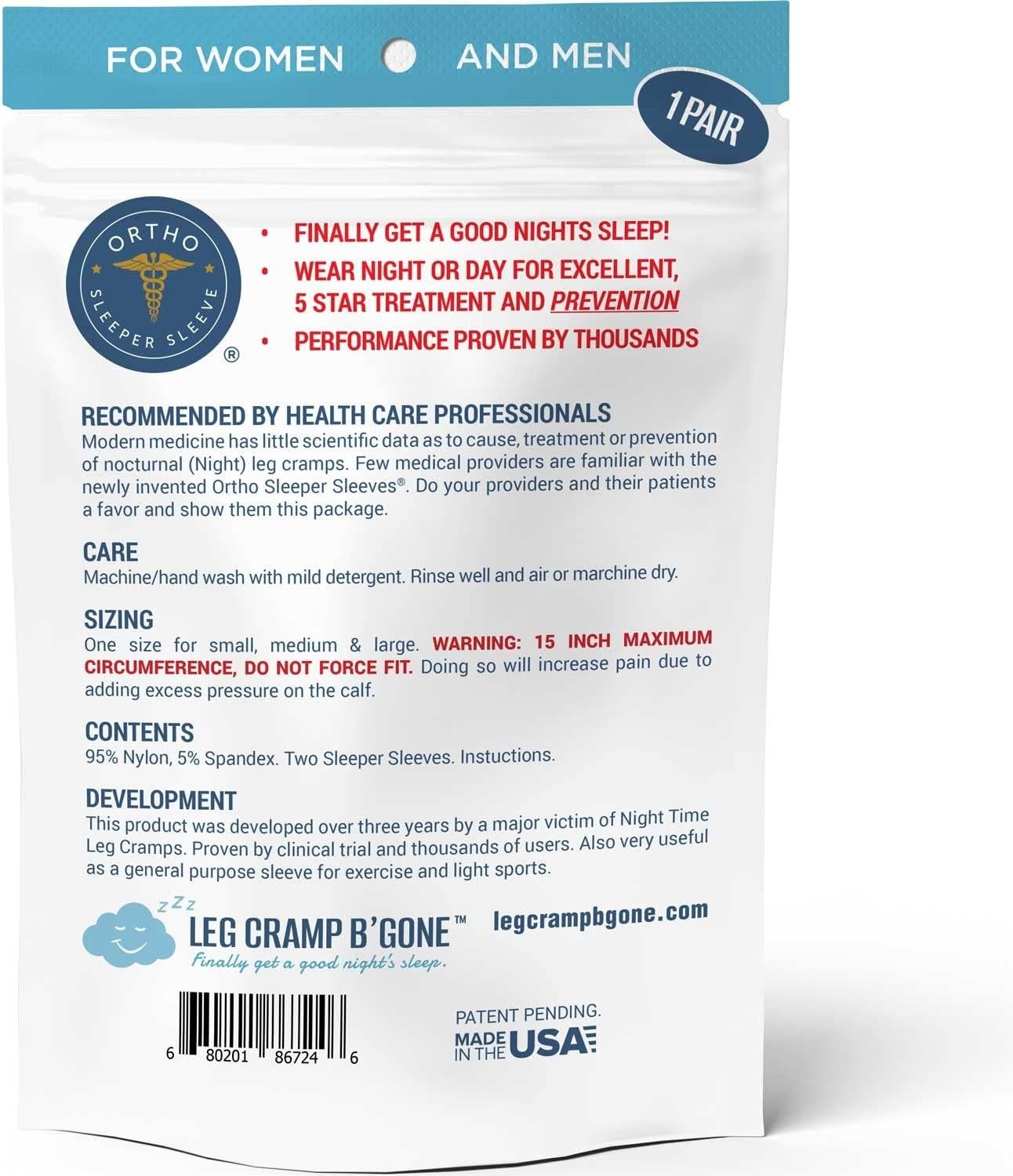 Easy-On Sleeper Sleeves: Prevent Night Leg Cramps – Maximum 14.5” Calf Size