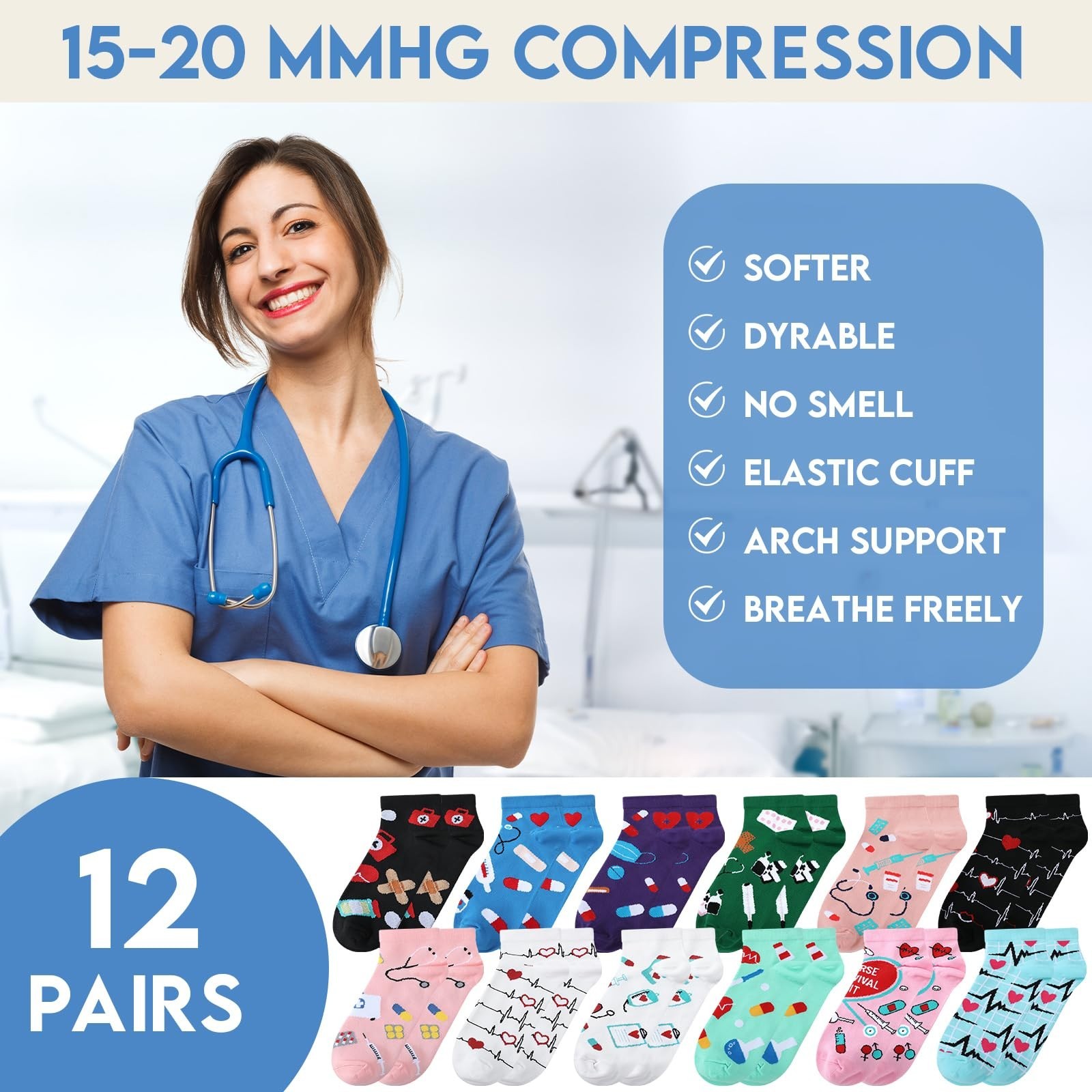 12 Pairs Compression Ankle Socks for Women – 15-20 mmHg Support, Medical Use