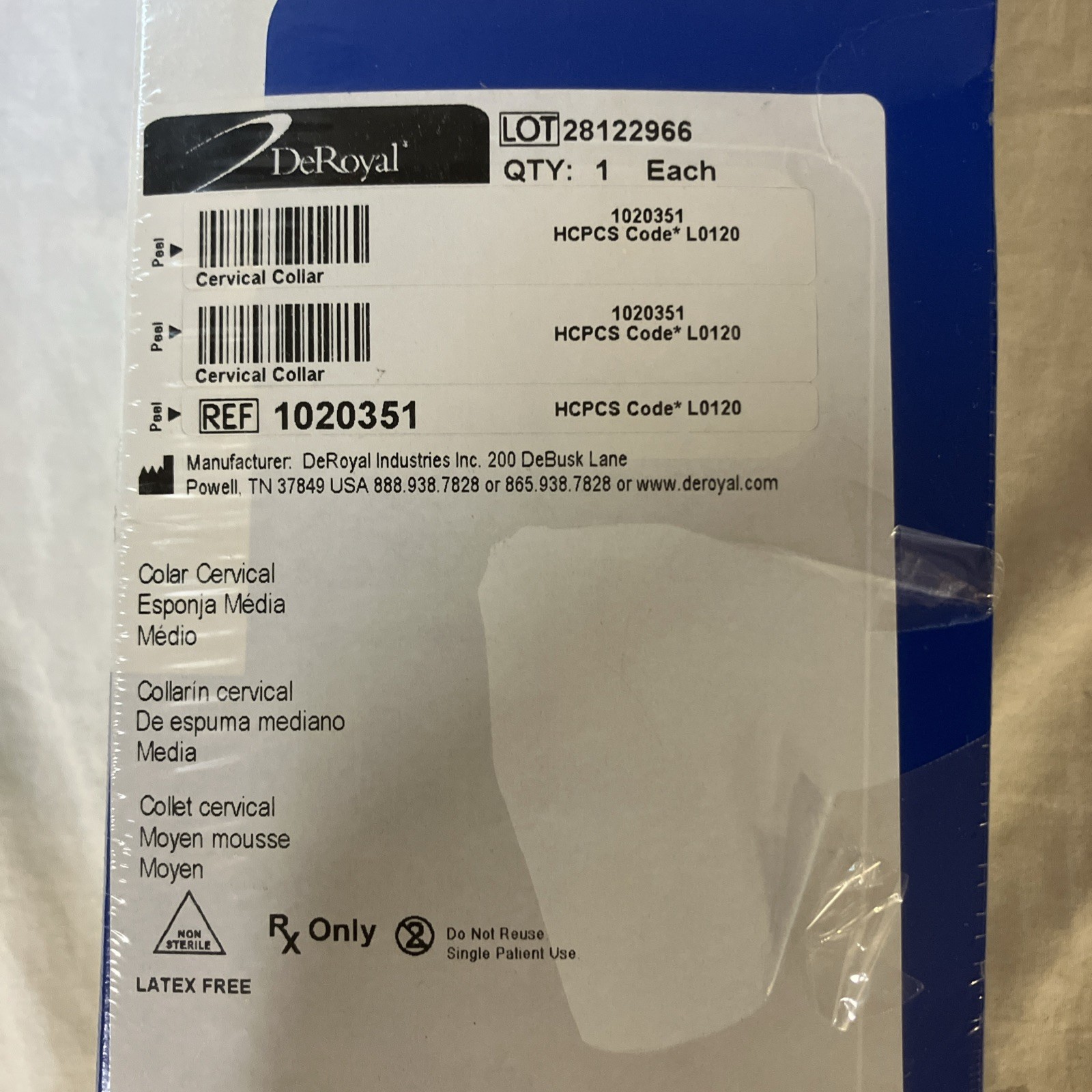 DeRoyal Cervical Collar Medium Foam Size Medium 1020351 NIB Free Shipping!