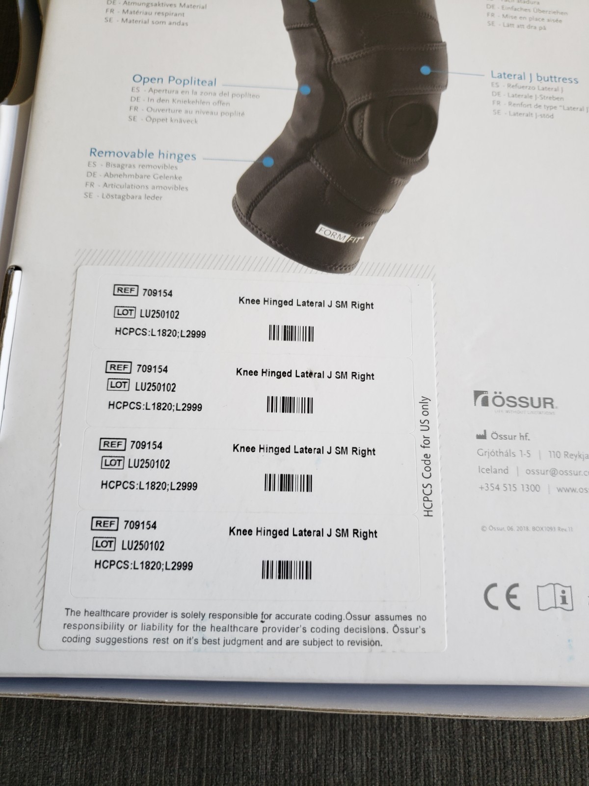 Ossur Form Fit Hinged Pull-On Lateral Right Knee J Brace Size Small – BRAND NEW!